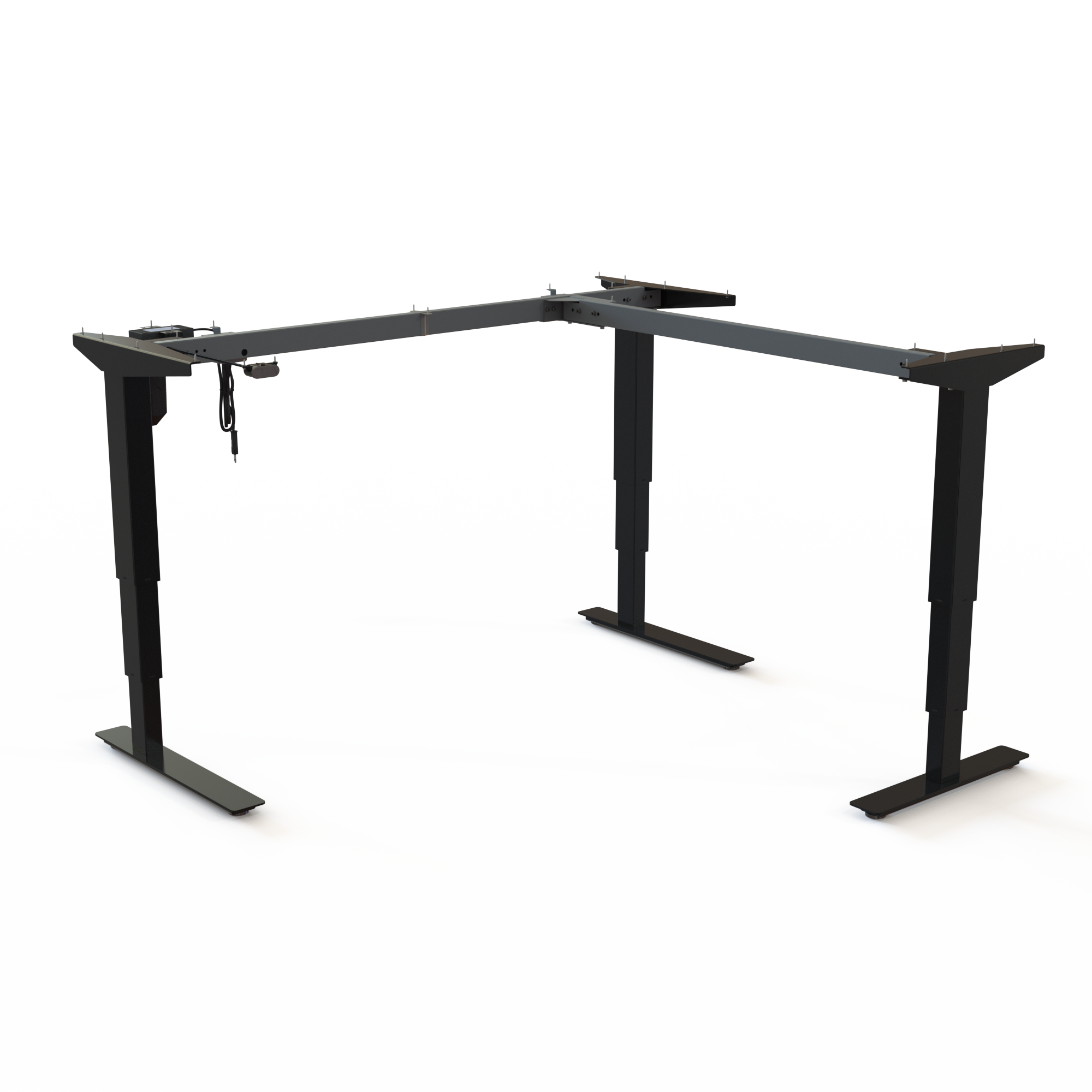 Black Steel 3-Column Sit-Stand Desk Frame (Corner). Steel, black powder-coated, measuring 142x142cm in width. Adjusts in the height span 57-122cm, and the frame lifts 100kg.