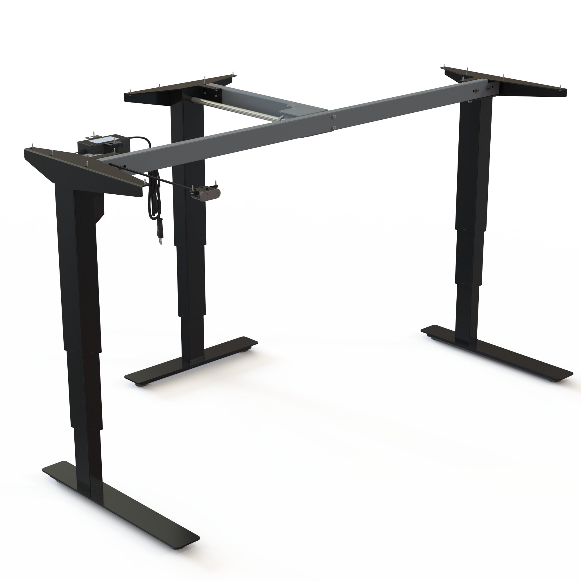 Black Steel Height-Adjustable Frame for Multi-Screen Desks. Black steel, measuring 152cm in width. Adjustable in the interval 57-122cm, rated for a load of 100kg.