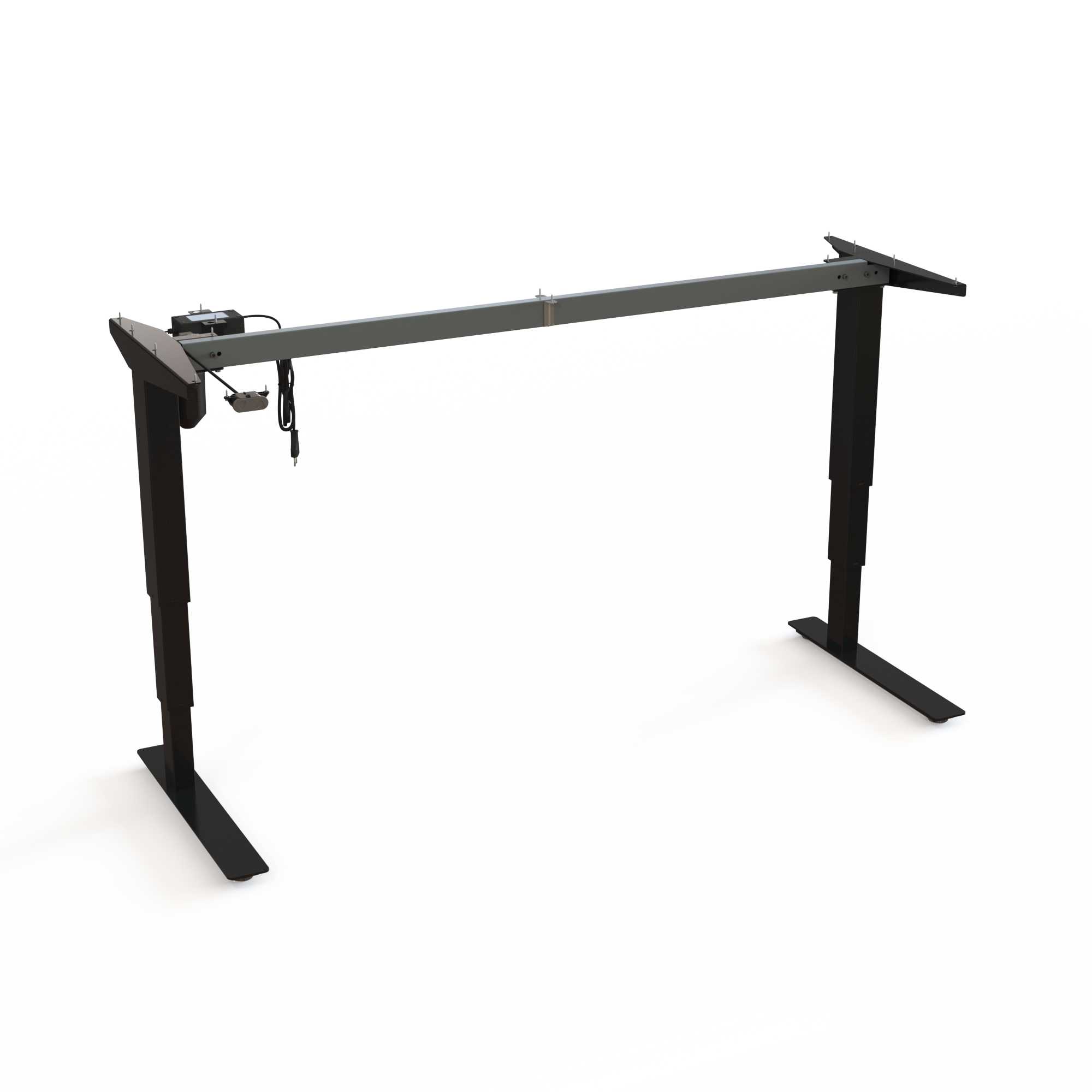Black Height-Adjustable Work Desk Frame. Painted black, measuring 152cm in width. Operates in the range 57-122cm, dynamic load capacity 100kg.