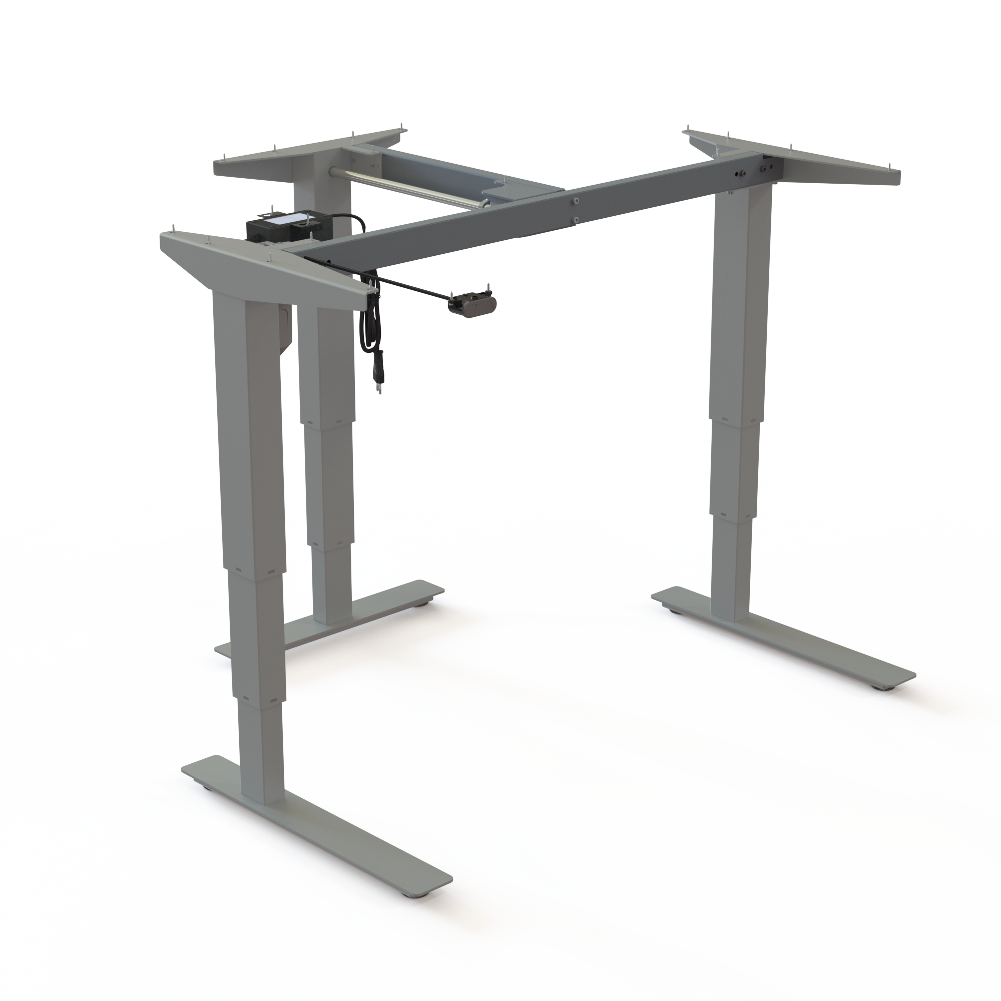 Silver Control Room Desk Base. Silver powder-coated frame, base width 112cm. Electric adjustment between 57-122cm, rated for a load of 100kg.