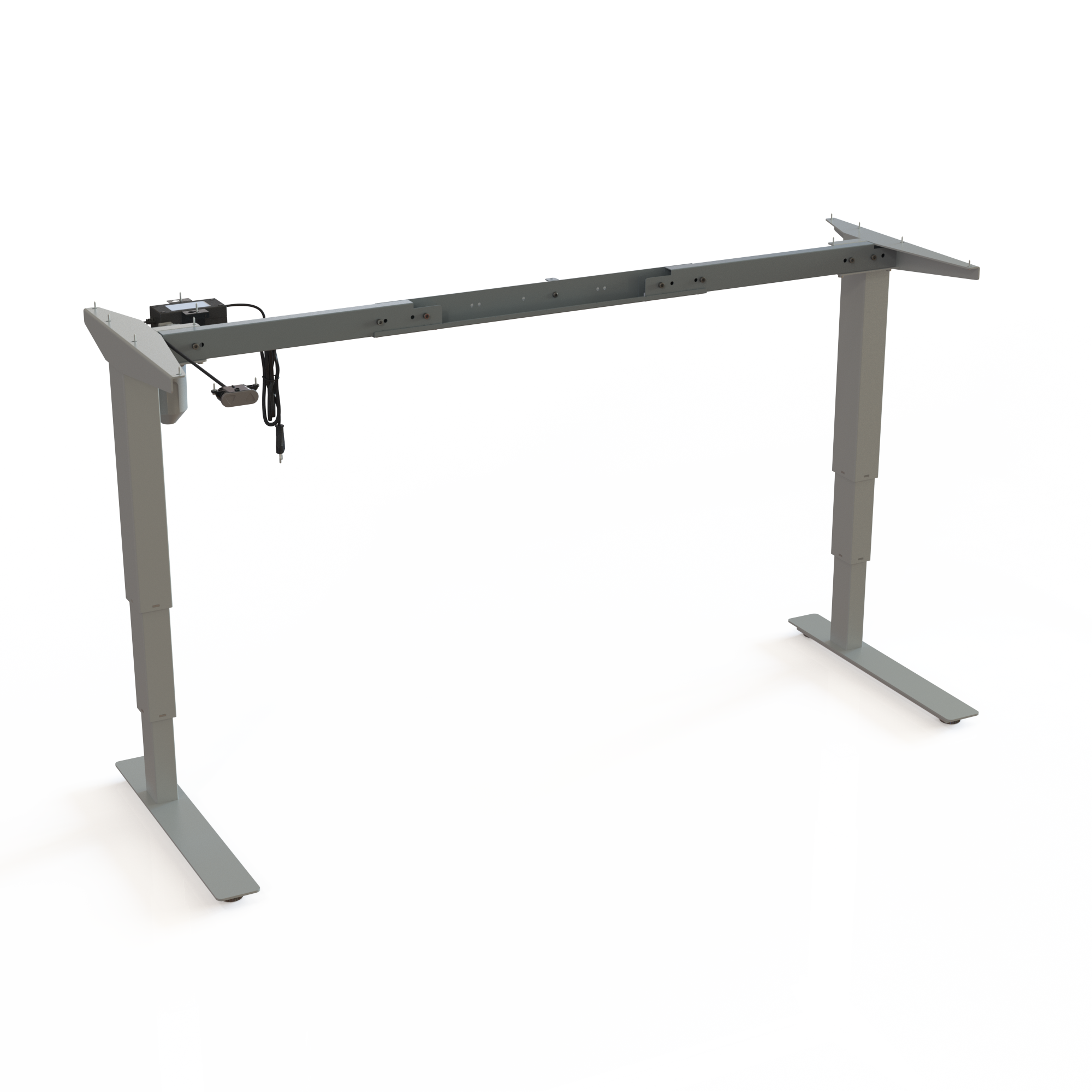 White Height-Adjustable Work Desk Frame (Multi-Width). White lacquered. Multiple widths mountable between 112 and 152cm. Operates in the range 57-122cm, with a lifting capacity of 100kg.
