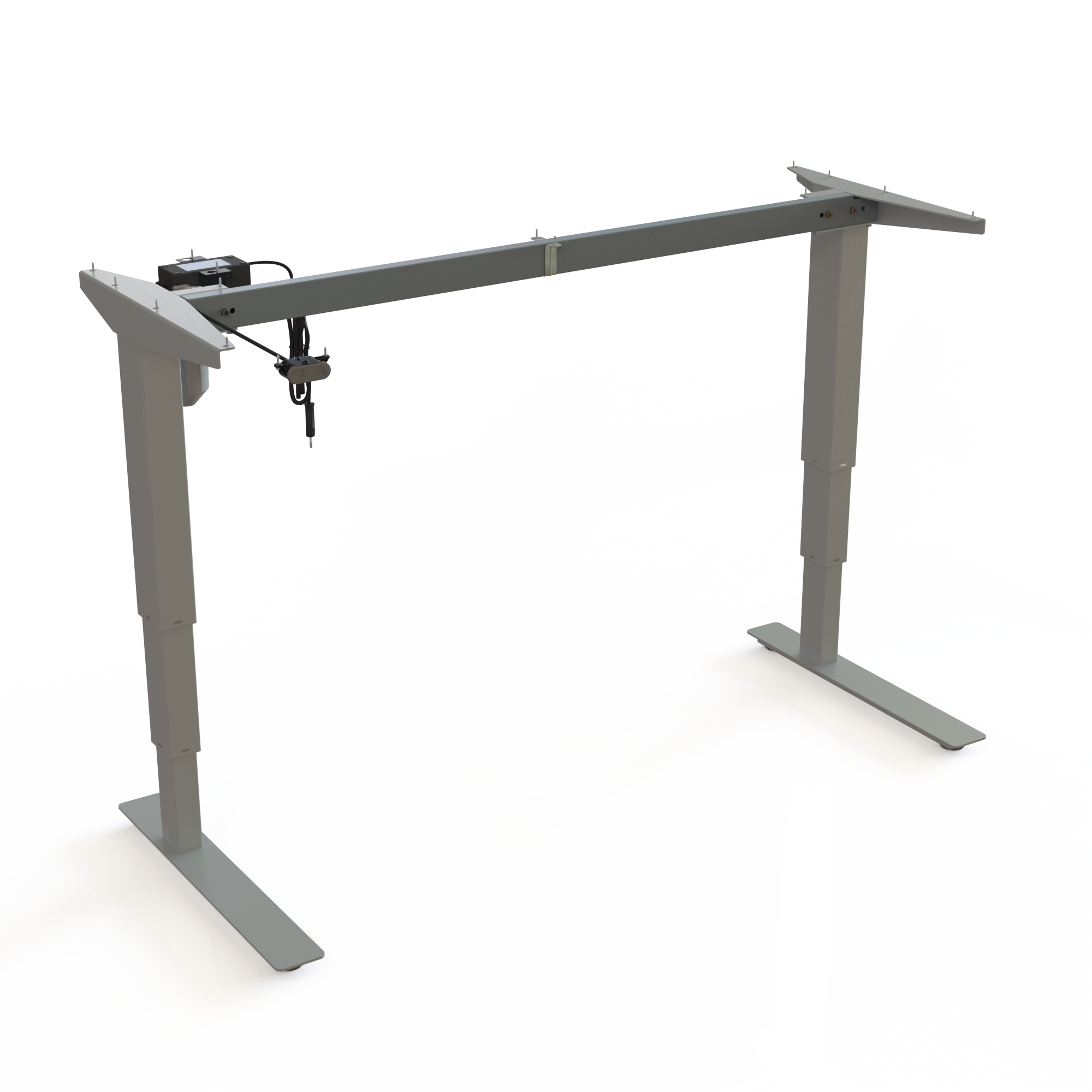 Silver Sit-Stand Office Desk Base. Silver powder-coated frame, width 129cm. Height is 57-122cm, and the frame lifts 100kg.