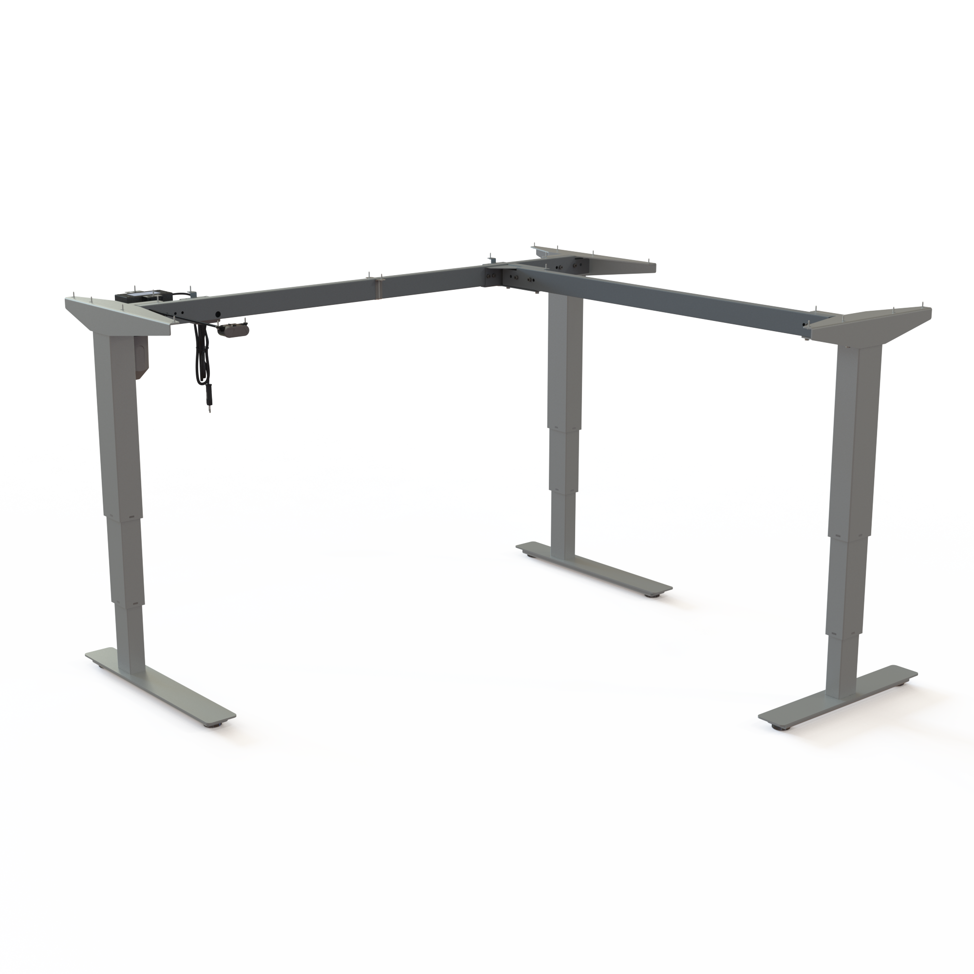 Silver 3-Leg Corner Sit-Stand Base. Painted silver, frame width 142x142cm. Adjusts in the height span 57-122cm, with a carrying capacity of 100kg.