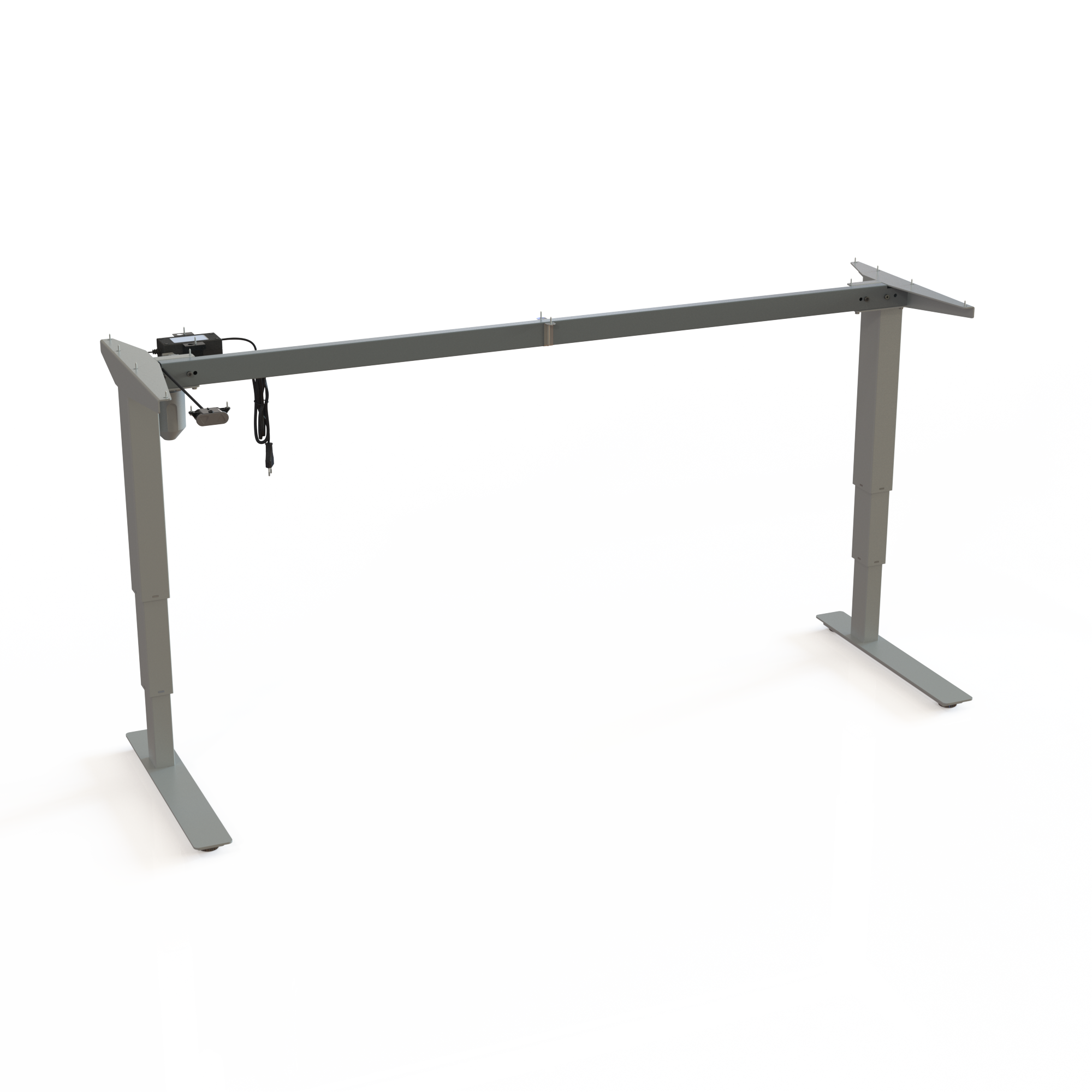 Silver Steel Sit-Stand Desk Base. Steel frame in silver, width 172cm. Height is 57-122cm, rated for a load of 100kg.