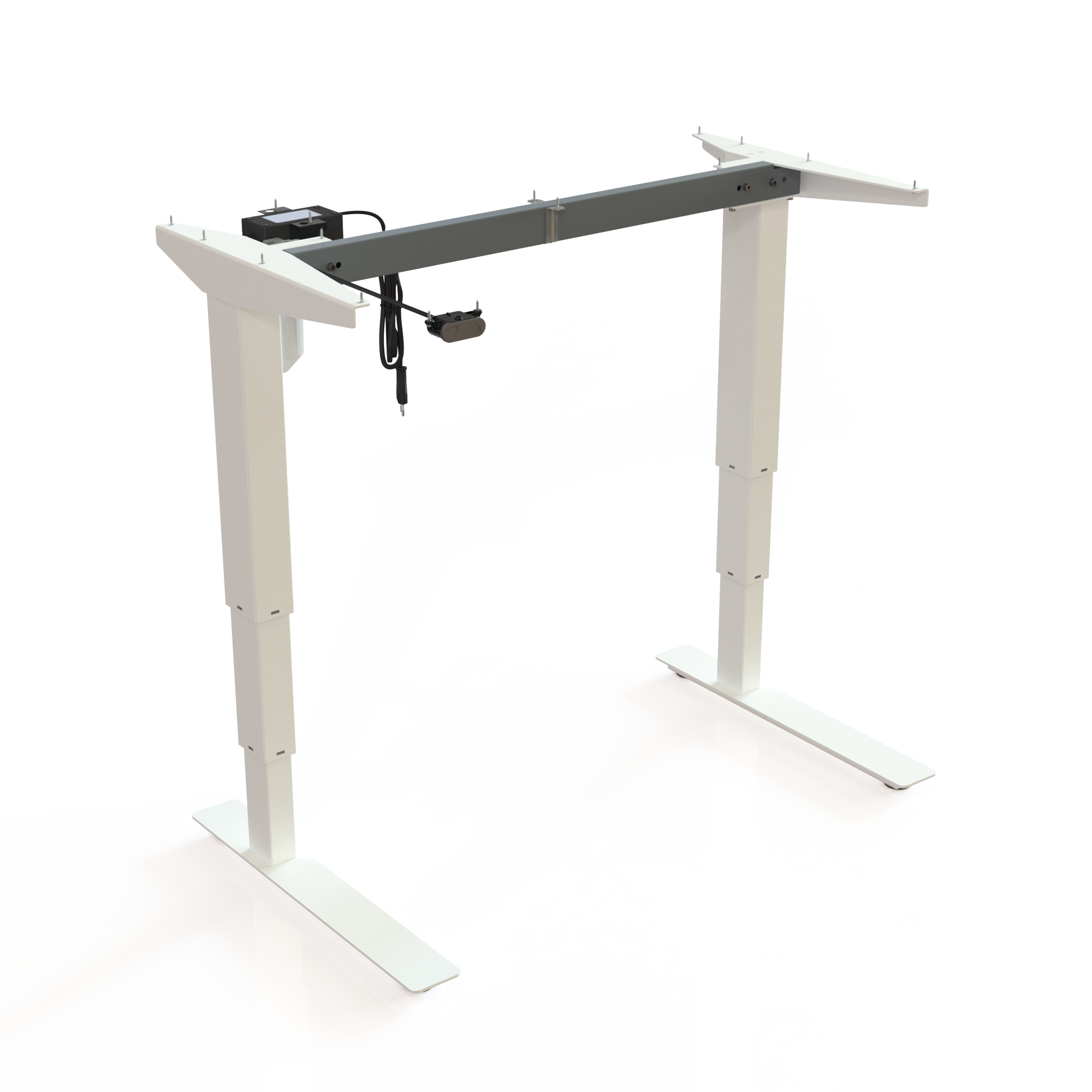 White Sit-Stand Office Desk Base. White powder-coated frame, width 92cm. Height is 57-122cm, dynamic load capacity 100kg.
