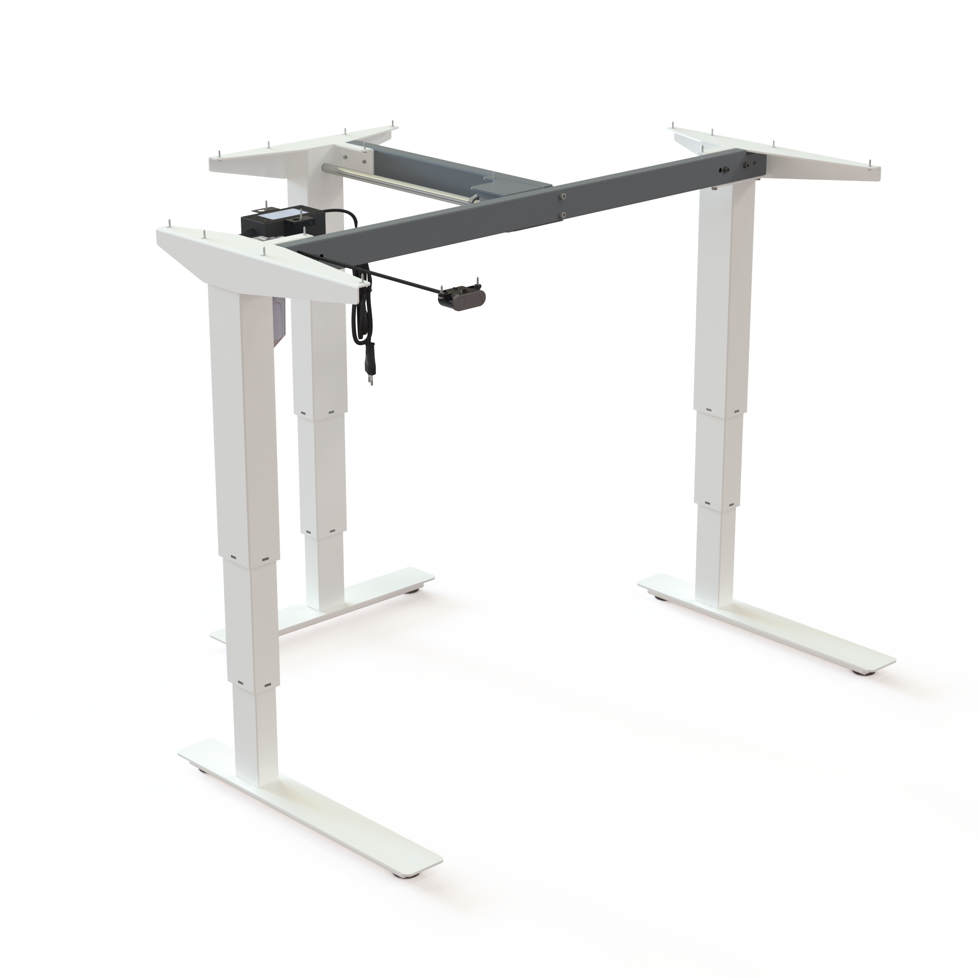 White Steel 3-Lifting Column Sit-Stand Frame. White steel, frame width 112cm. Operates in the range 57-122cm, and the motor lifts 100kg.