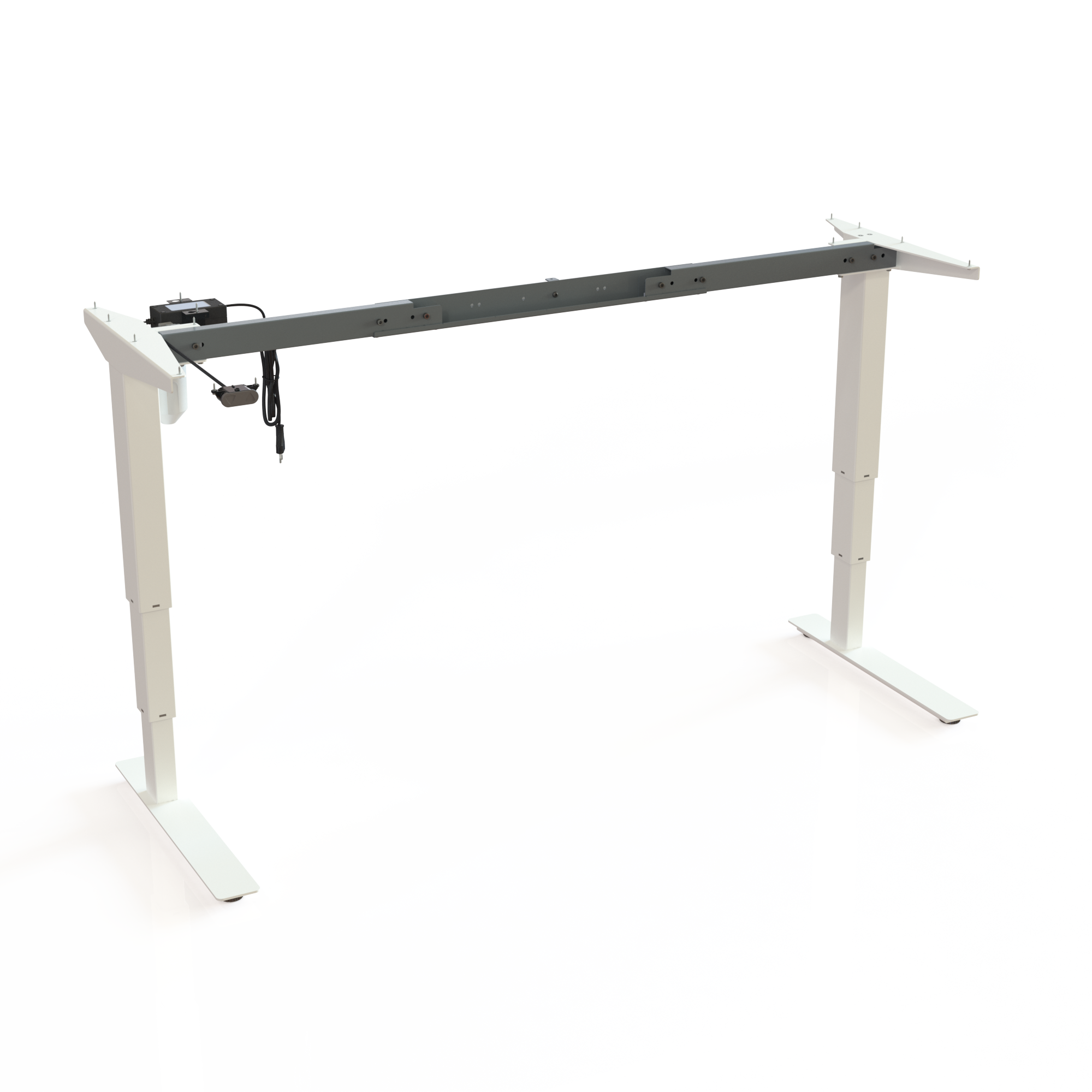 Black Ergonomic Desk Stand (Variable Width). Painted black. Variable frame width 112 and 152cm. Height is 62-130cm, effortlessly lifting 100kg.