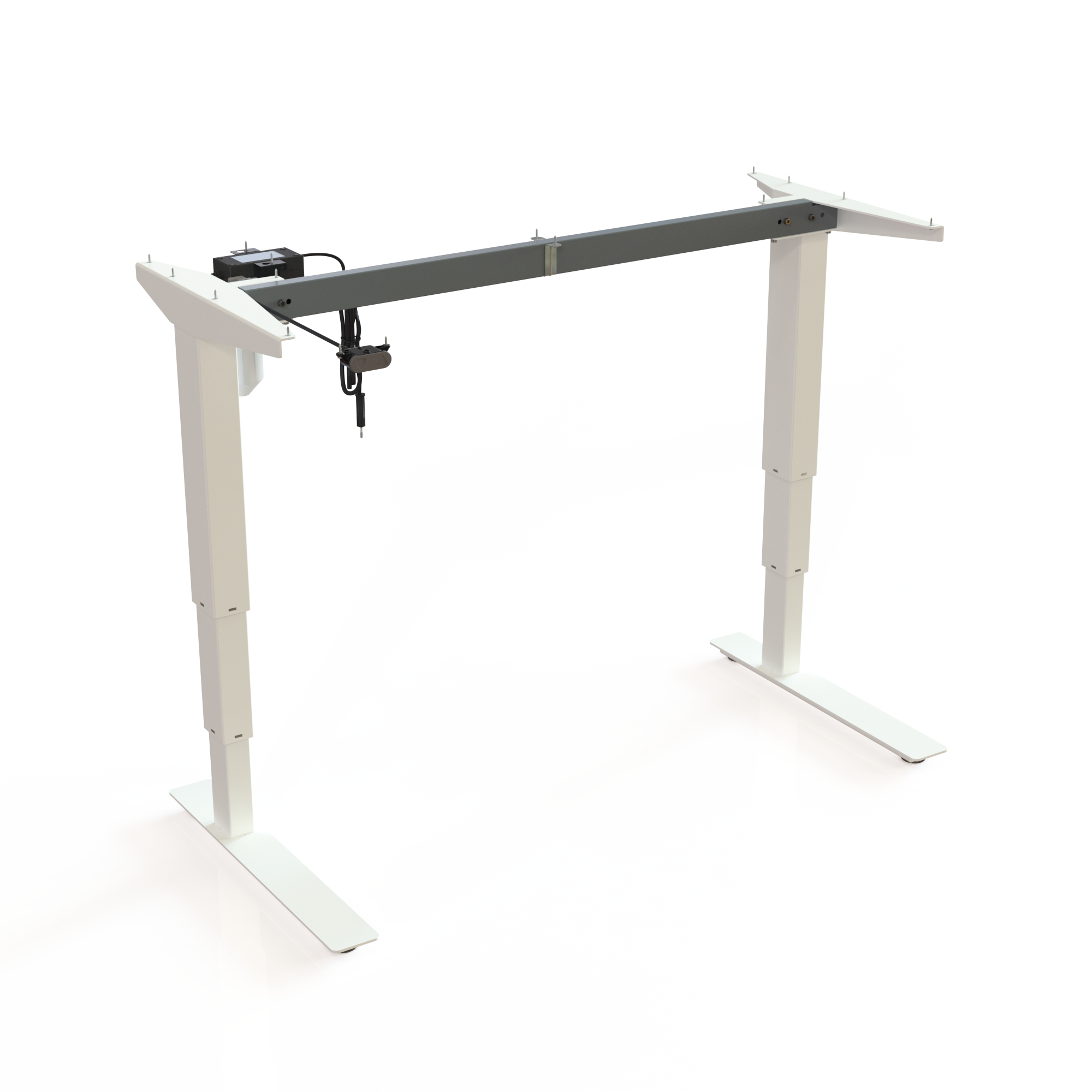 White 2-Lifting Column Sit-Stand Frame. White lacquered, frame width 112cm. Operates in the range 57-122cm, and the frame lifts 100kg.