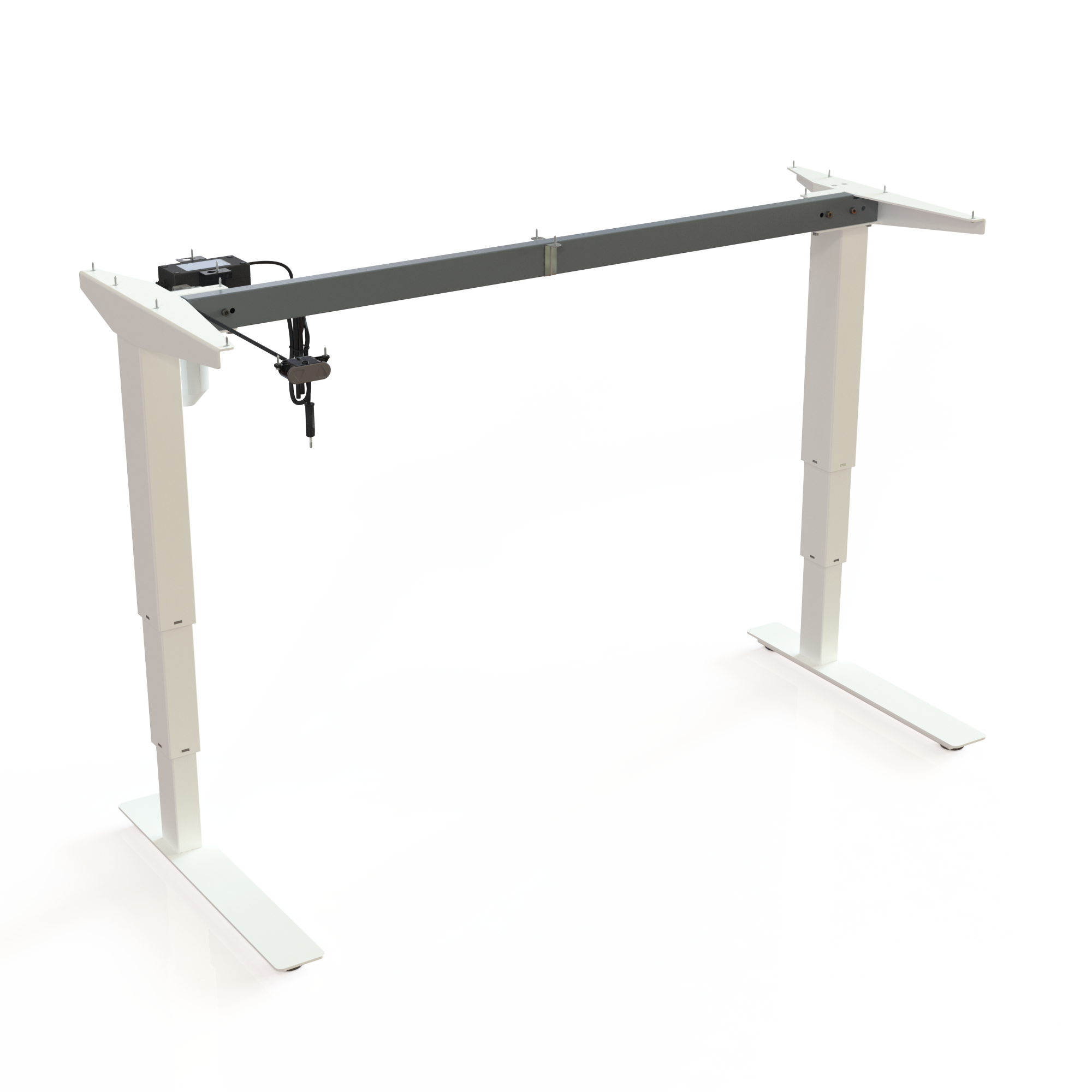 Ergonomic White Desk Stand. White lacquered, frame width 129cm. Height is 57-122cm, with a carrying capacity of 100kg.