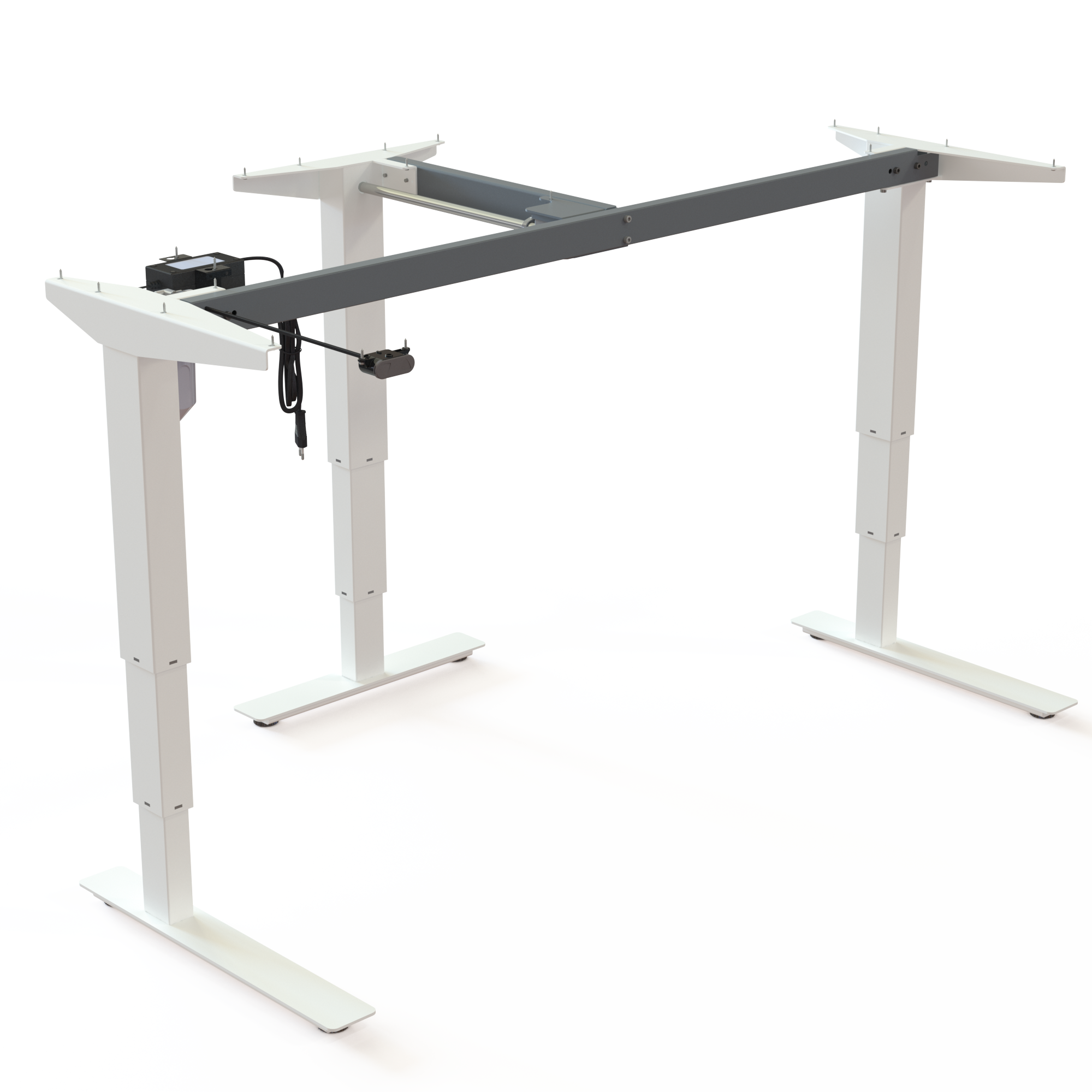 White Steel Sit-Stand Base for Multiple Screens. White steel, base width 152cm. Electric adjustment between 57-122cm, and the motor lifts 100kg.