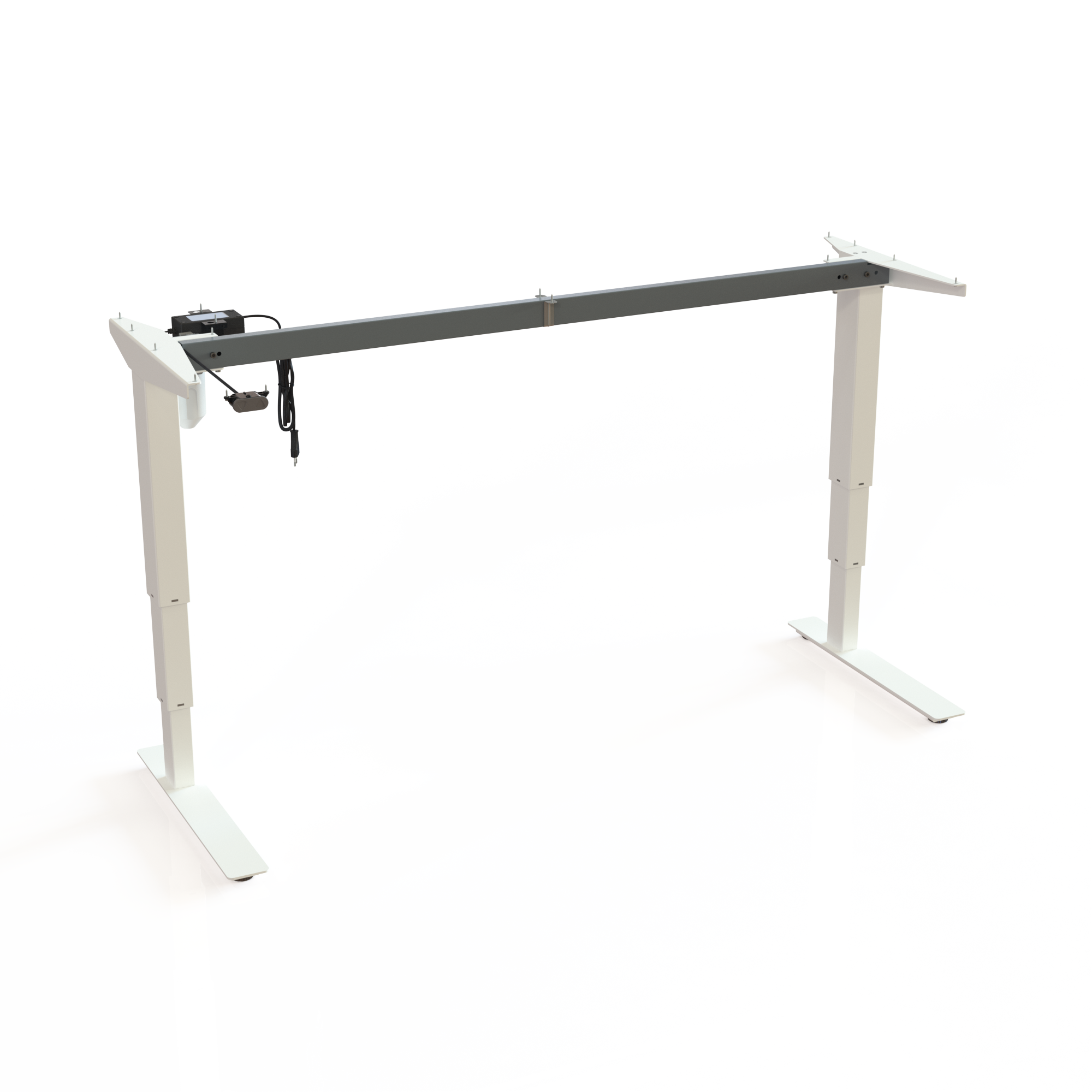 White Electric Desk Base. Painted white, frame width 152cm. Adjustable in the interval 57-122cm, effortlessly lifting 100kg.