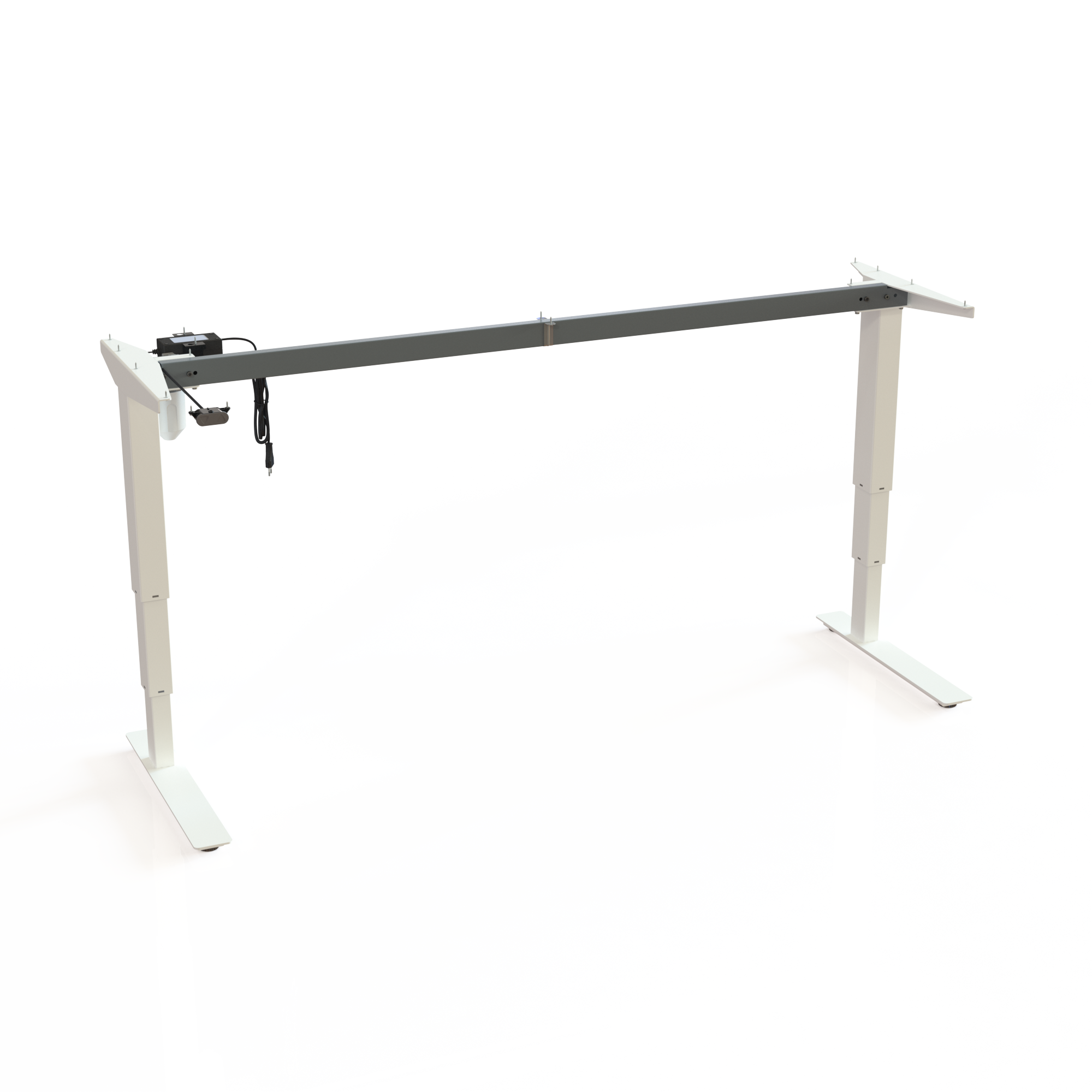 White Steel Sit-Stand Desk Underframe. Made from steel and white powder-coated, width 172cm. Electric adjustment between 57-122cm, effortlessly lifting 100kg.