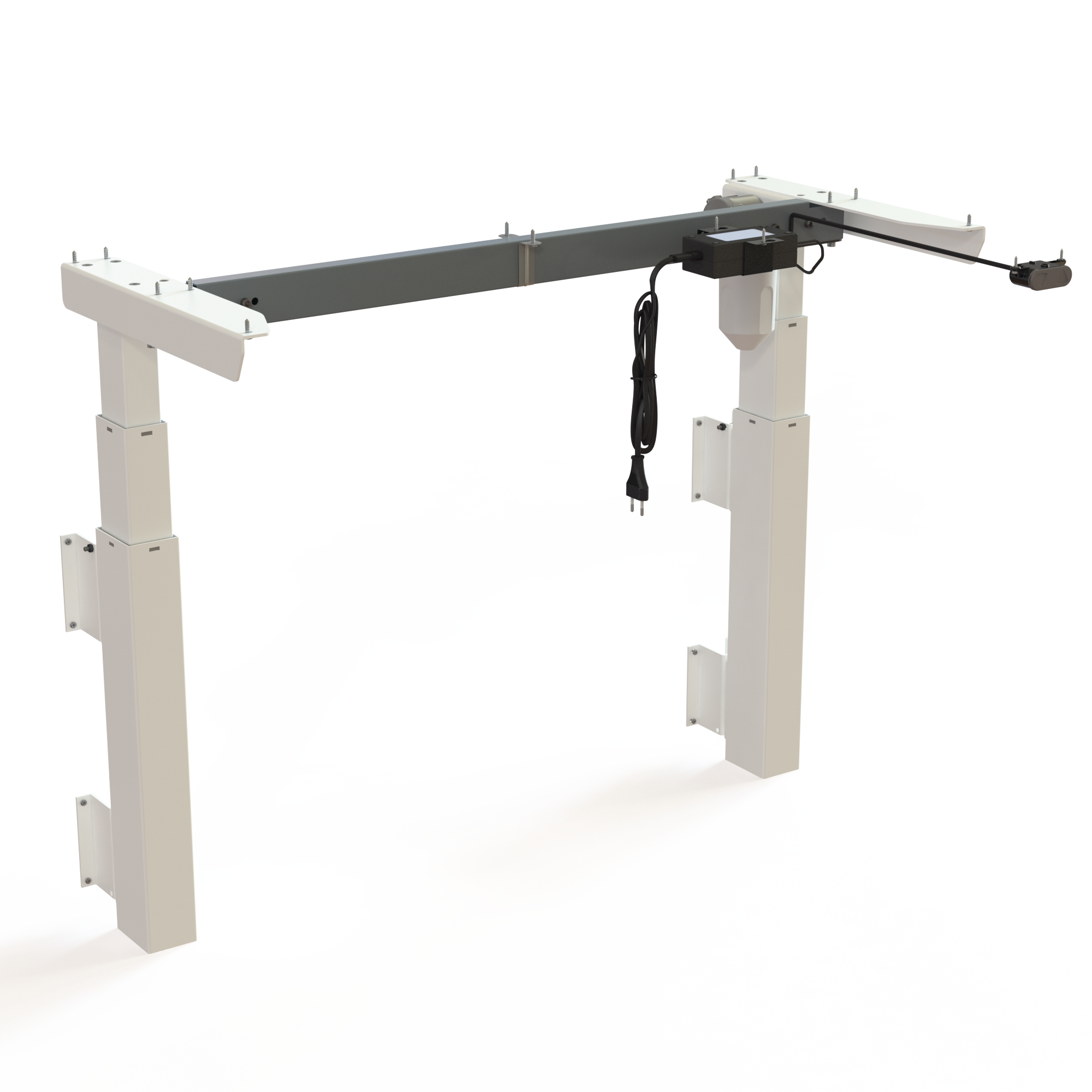 White Steel Wall-Mounted Sit-Stand Base. White steel, frame width 92cm. Travel distance is 60cm, height depends on mounting height, and the frame lifts 40kg.