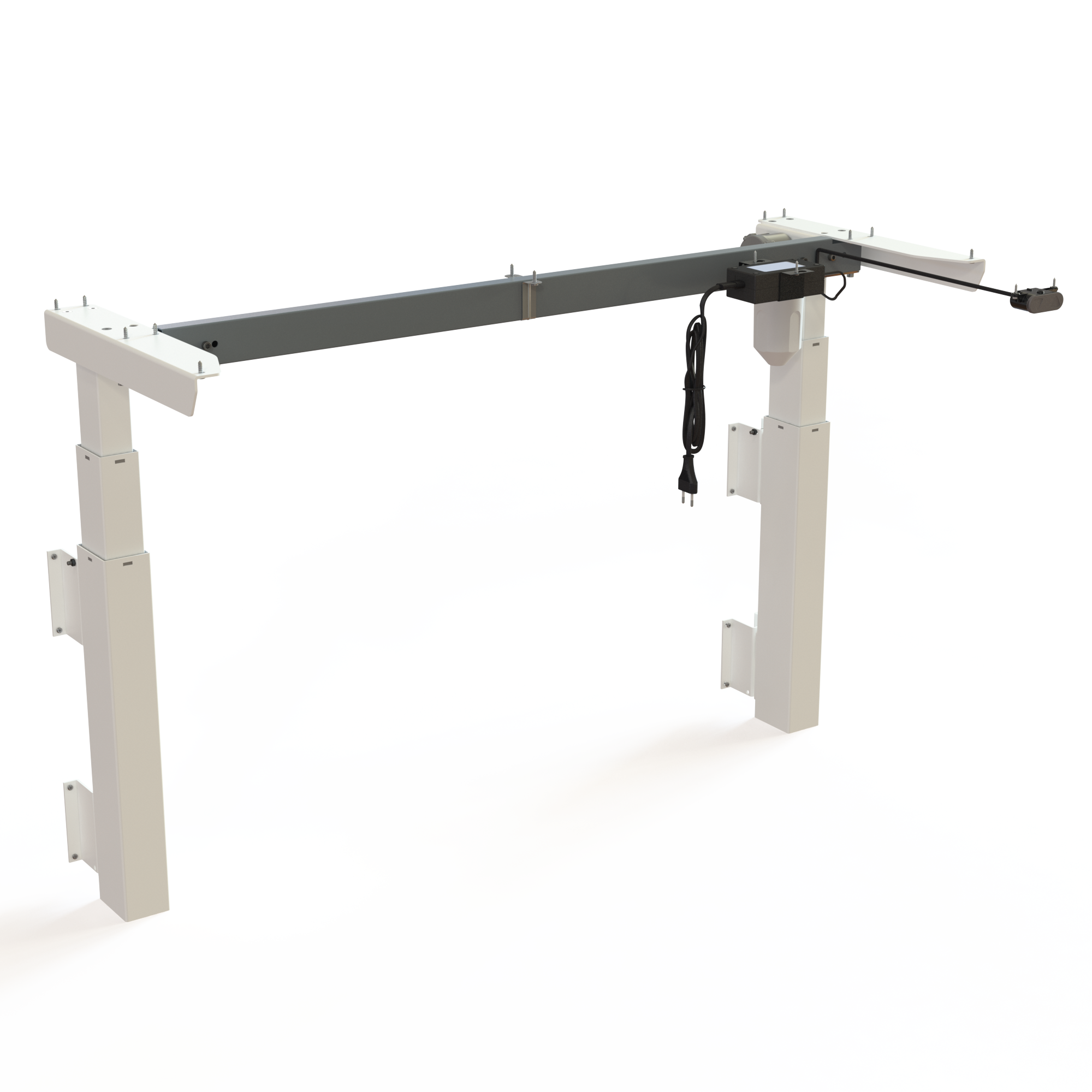 White Steel Wall-Mounted Sit-Stand Base. White steel, width 112cm. Travel distance is 60cm, height depends on mounting height, effortlessly lifts 40kg.