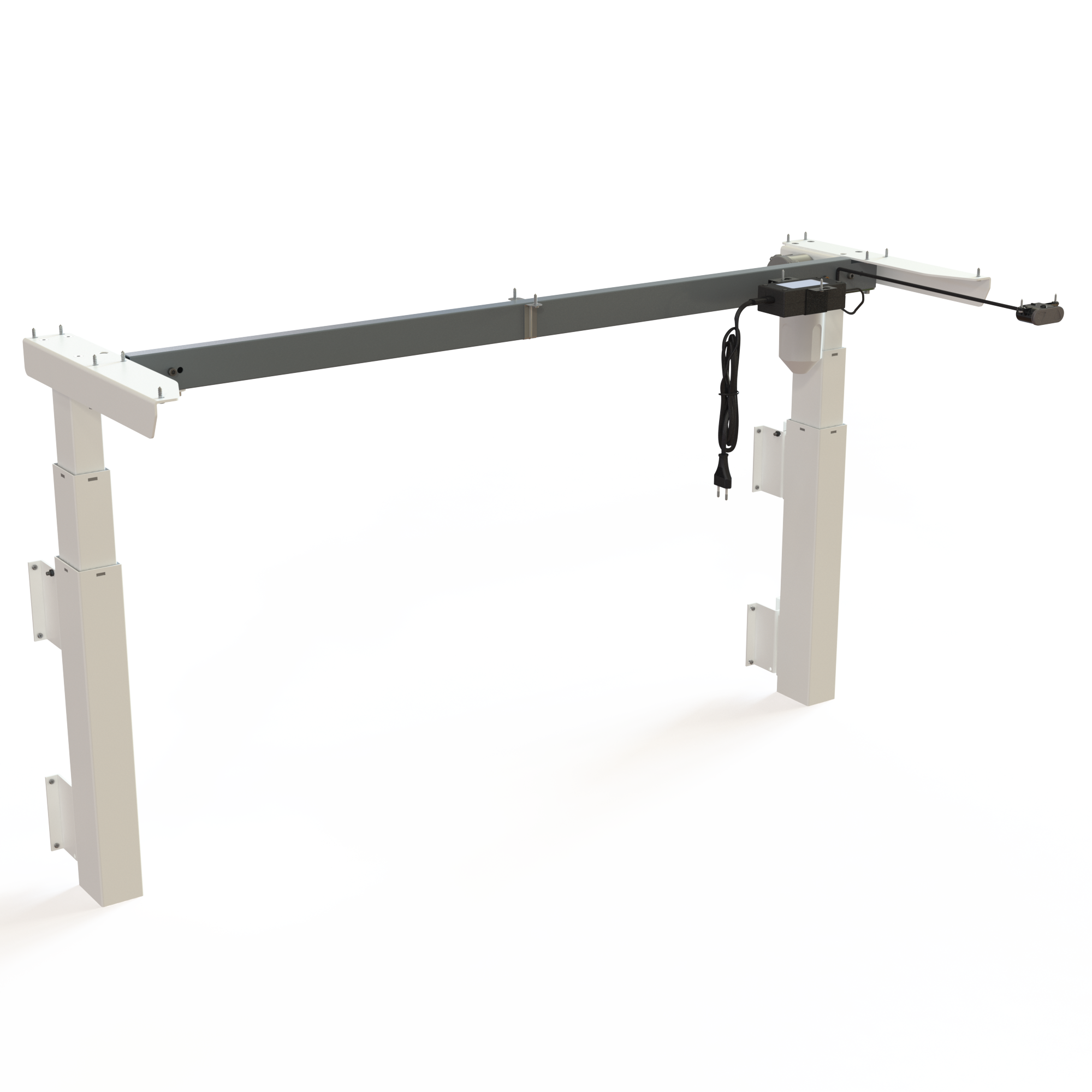 White Wall-Hung Sit-Stand Desk Base. Painted white, base width 129cm. Travel distance is 60cm, height depends on mounting height, with a carrying capacity of 40kg.