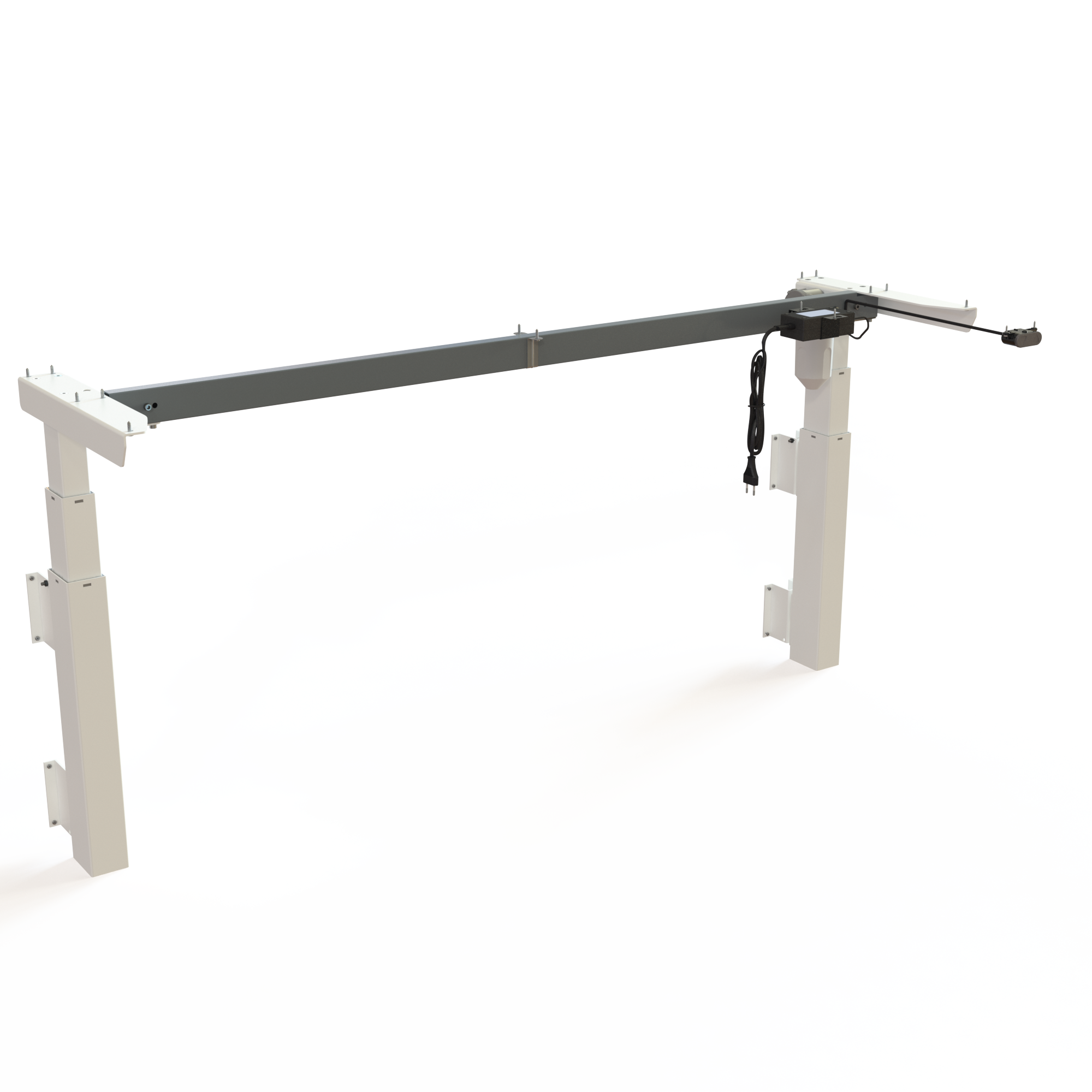 White Wall-Mounted Sit-Stand Desk Base. White lacquered, base width 152cm. Travel distance is 60cm, height depends on mounting height, with a carrying capacity of 40kg.