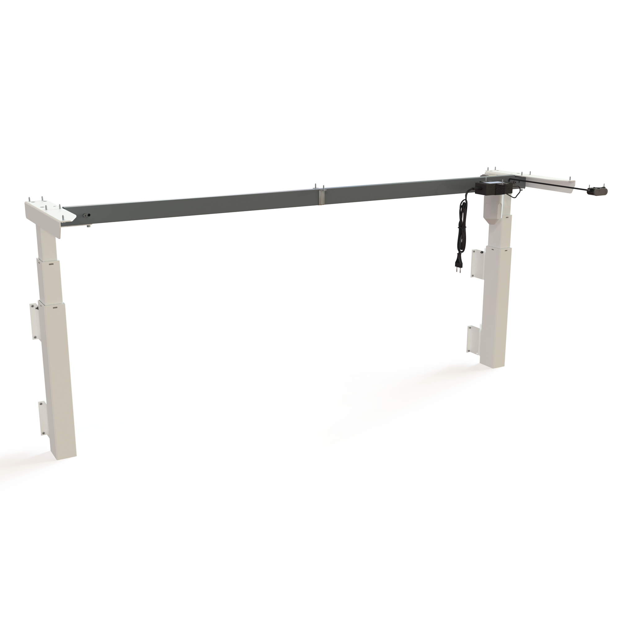 White Wall-Hung Sit-Stand Desk Base. White powder-coated frame, frame width 172cm. Travel distance is 60cm, height depends on mounting height, dynamic load capacity 40kg.