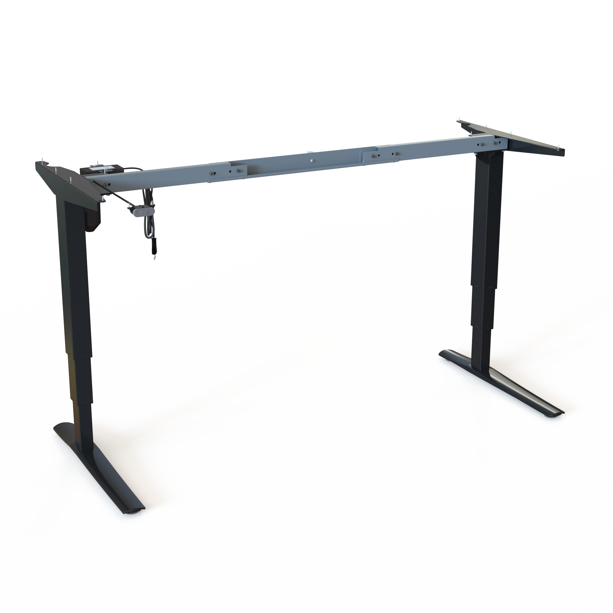 Silver Electric Desk Base (Adjustable Width). Silver powder-coated frame. Width adjustable between 112 and 152cm. Electric adjustment between 62-130cm, and the motor lifts 100kg.