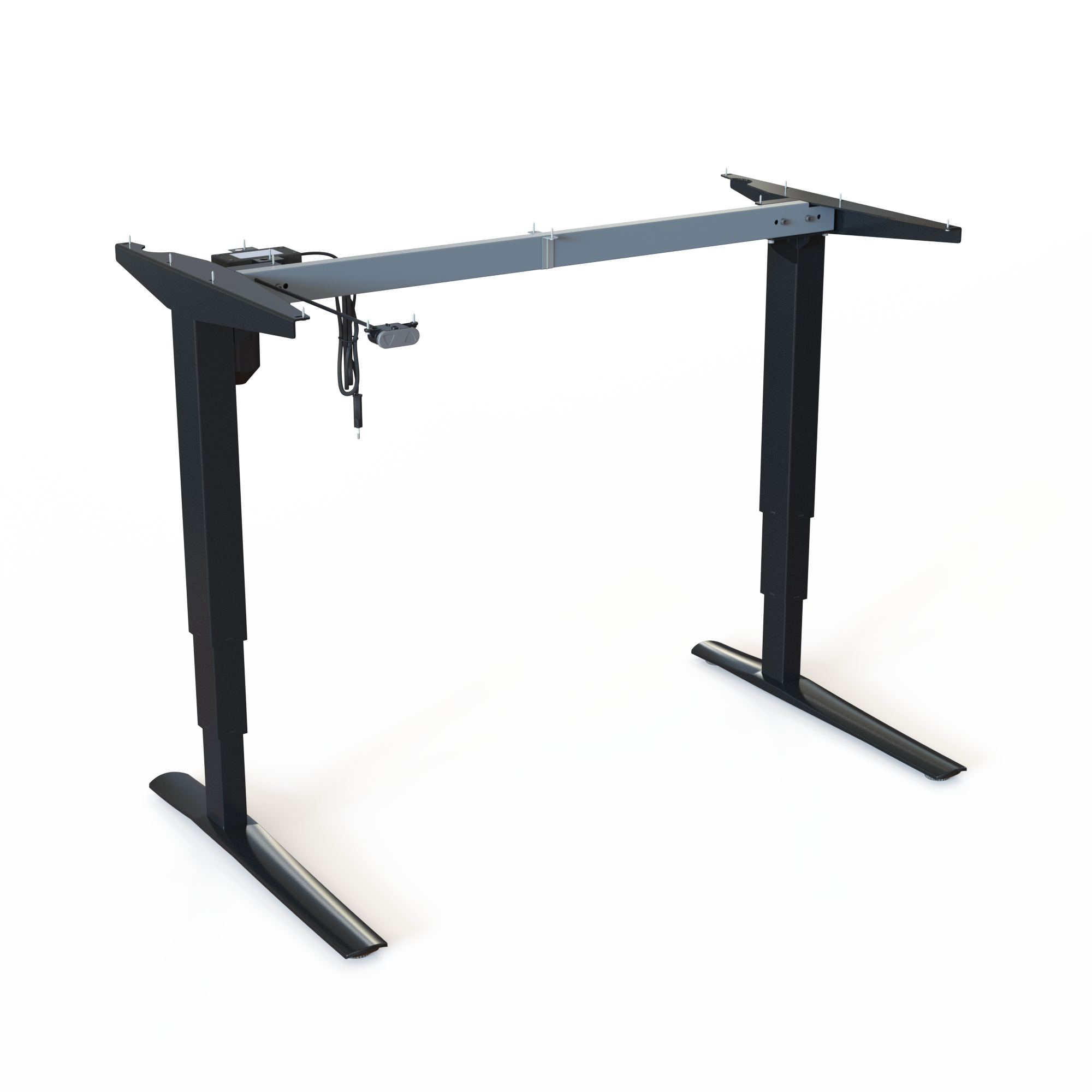 Black 2-Column Sit-Stand Frame. Black lacquered, width 112cm. Adjusts in the height span 62-130cm, with a carrying capacity of 100kg.