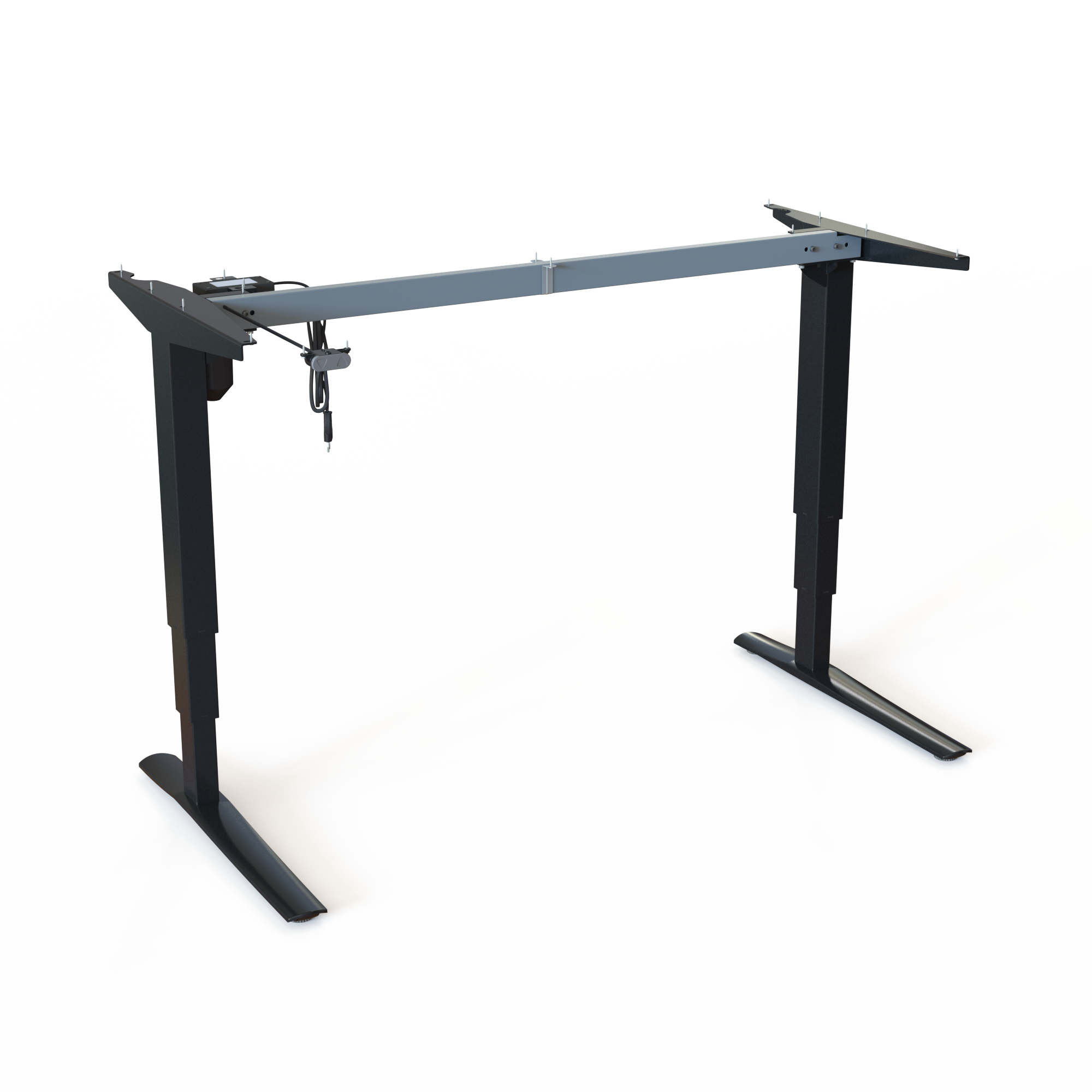 Black Steel 2-Lifting Column Sit-Stand Frame. Made from steel, black powder-coated, frame width 129cm. Operates in the range 62-130cm, rated for a load of 100kg.