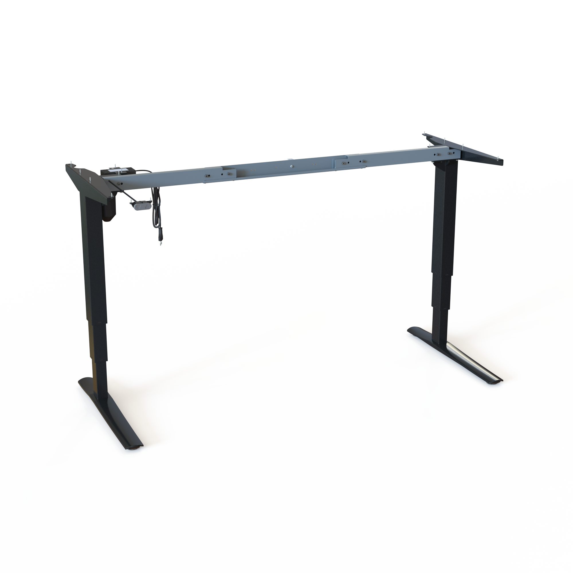 Silver Steel Ergonomic Desk Stand (Variable Width). Silver steel. Variable frame width 132 and 172cm. Electric adjustment between 62-130cm, effortlessly lifting 100kg.