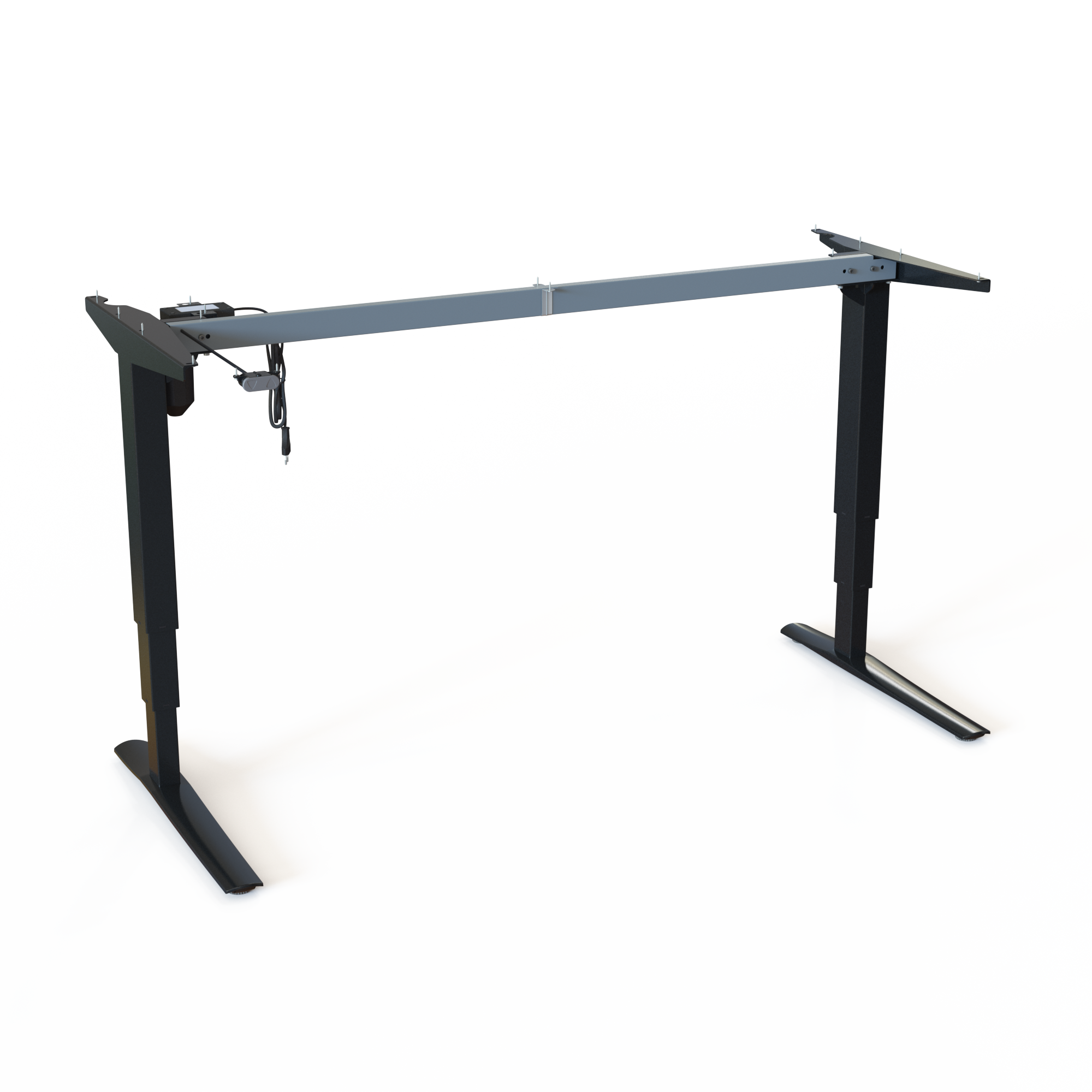 Black Sit-Stand Desk Base. Black lacquered, frame width 152cm. Electric adjustment between 62-130cm, rated for a load of 100kg.