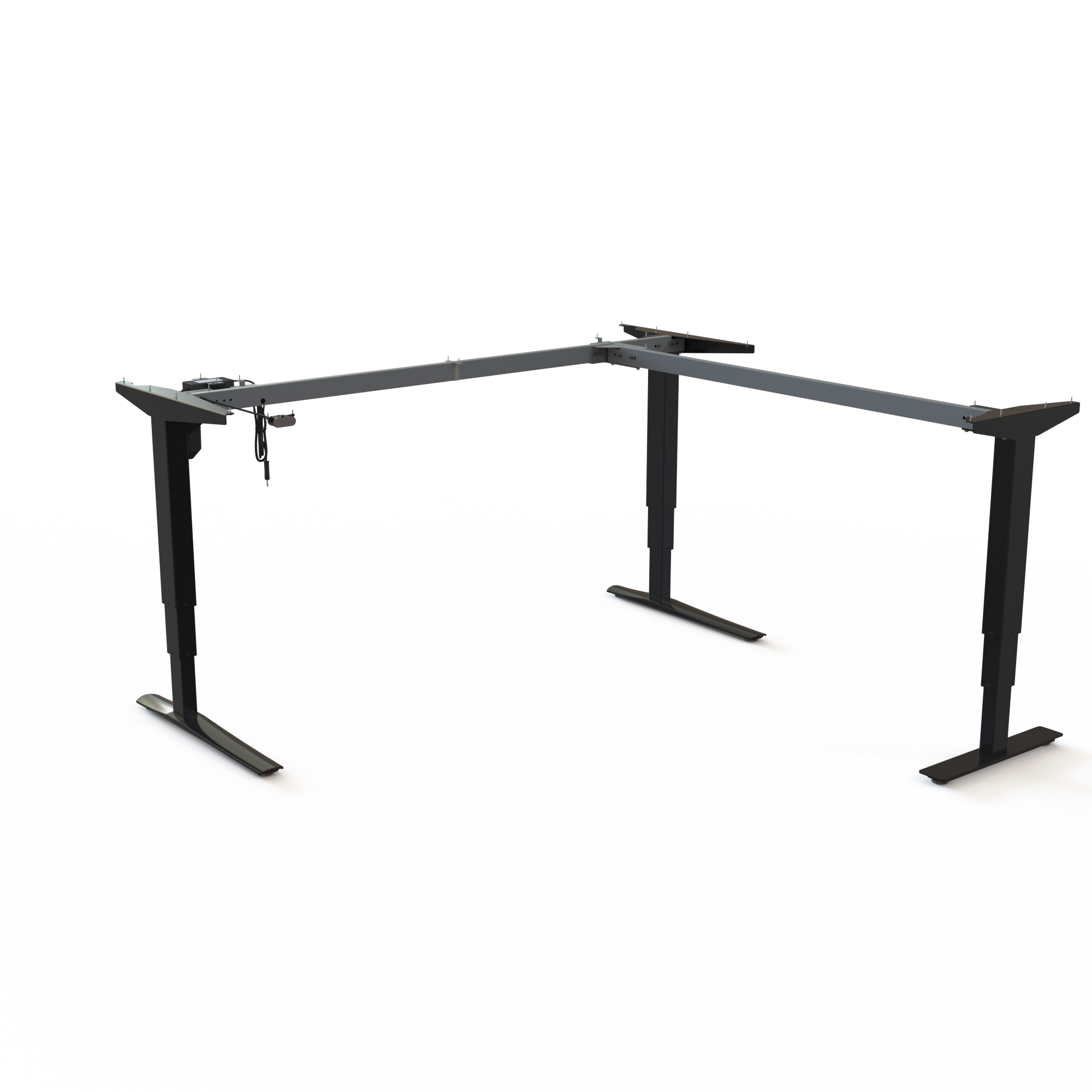 Black Steel 3-Leg Corner Desk Base. Steel, black powder-coated, measuring 172x171cm in width. Operates in the range 62-130cm, effortlessly lifting 100kg.