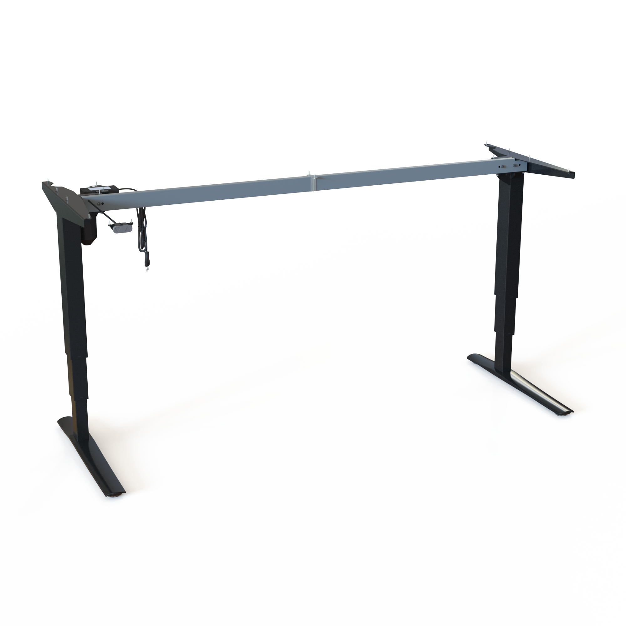 Black Sit-Stand Desk Underframe. Black powder-coated frame, frame width 172cm. Height is 62-130cm, rated for a load of 100kg.