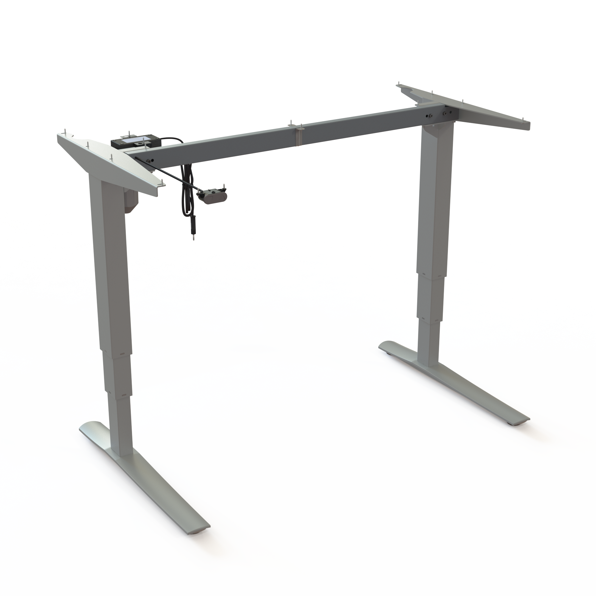 Silver Electric Desk Base. Silver powder-coated frame, measuring 112cm in width. Ergonomic height choice 62-130cm, effortlessly lifting 100kg.