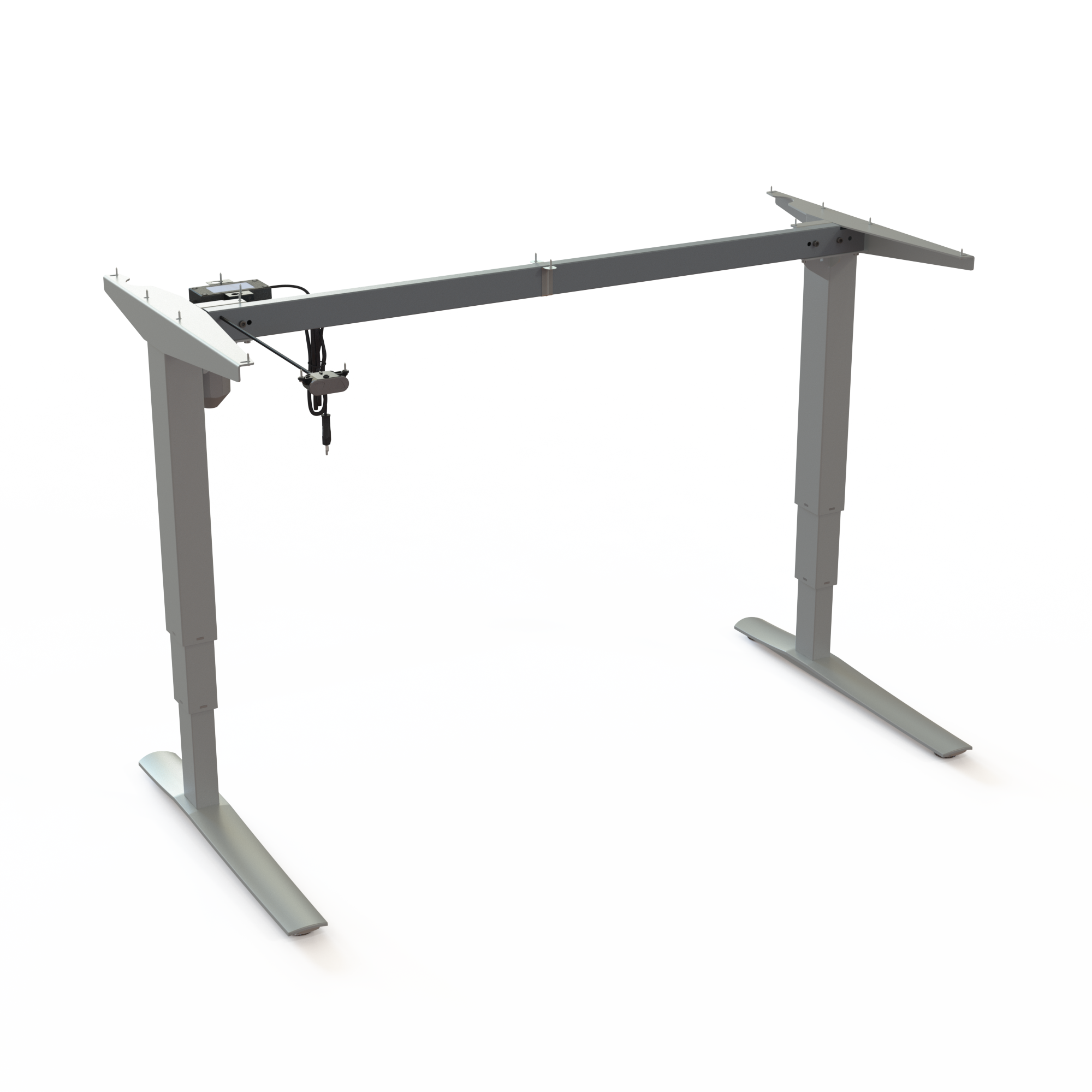 Silver Height-Adjustable Work Desk Frame. Silver lacquered, measuring 129cm in width. Adjusts in the height span 62-130cm, rated for a load of 100kg.