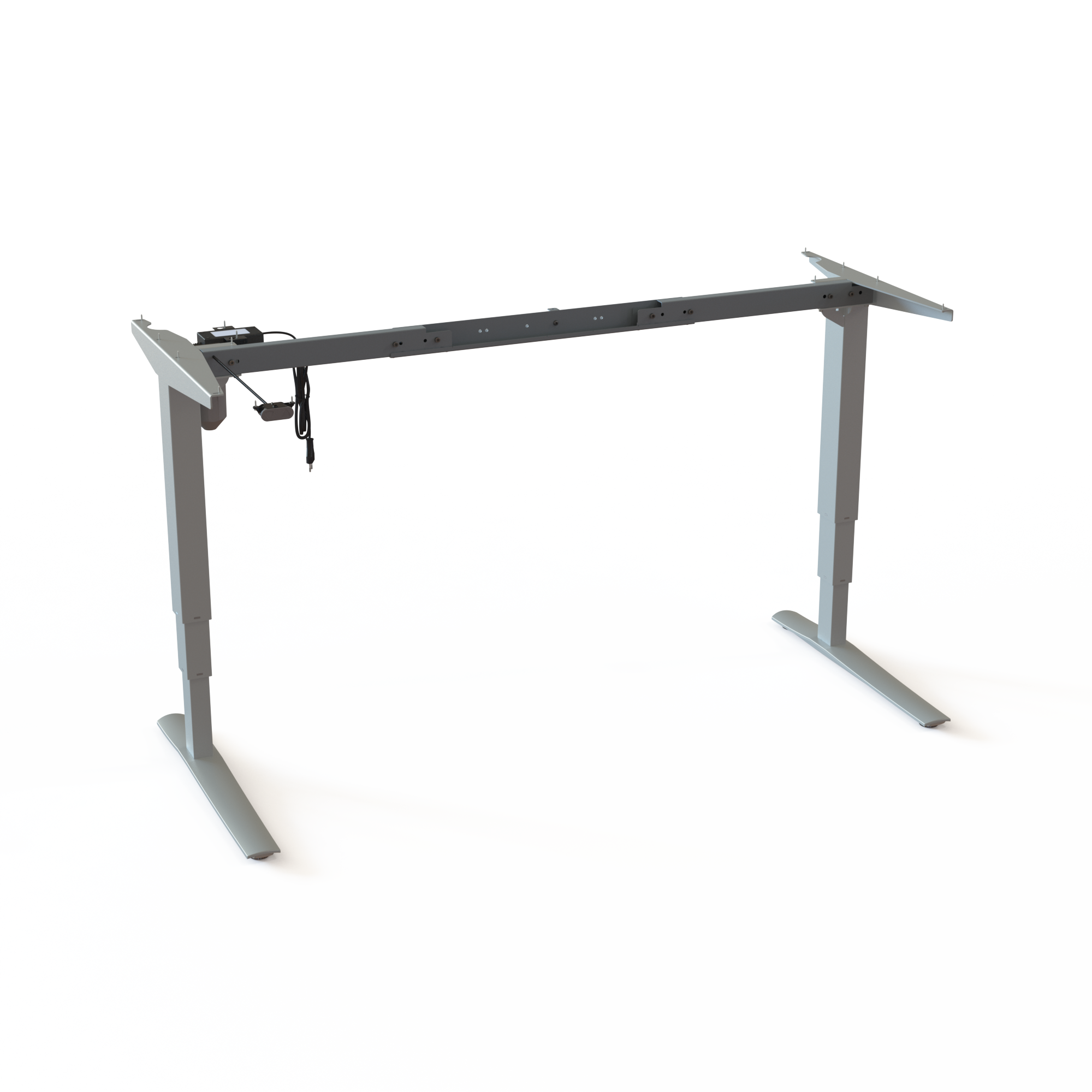 White 2-Column Sit-Stand Frame (Flexible Width). White powder-coated frame. Width is flexible between 132 and 172cm. Operates in the range 62-130cm, rated for a load of 100kg.