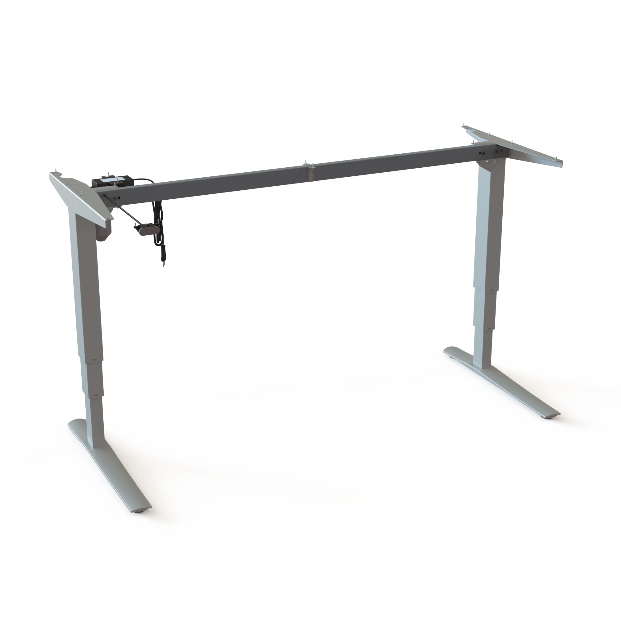 Silver Sit-Stand Office Desk Base. Silver lacquered, measuring 152cm in width. Ergonomic height choice 62-130cm, with a carrying capacity of 100kg.