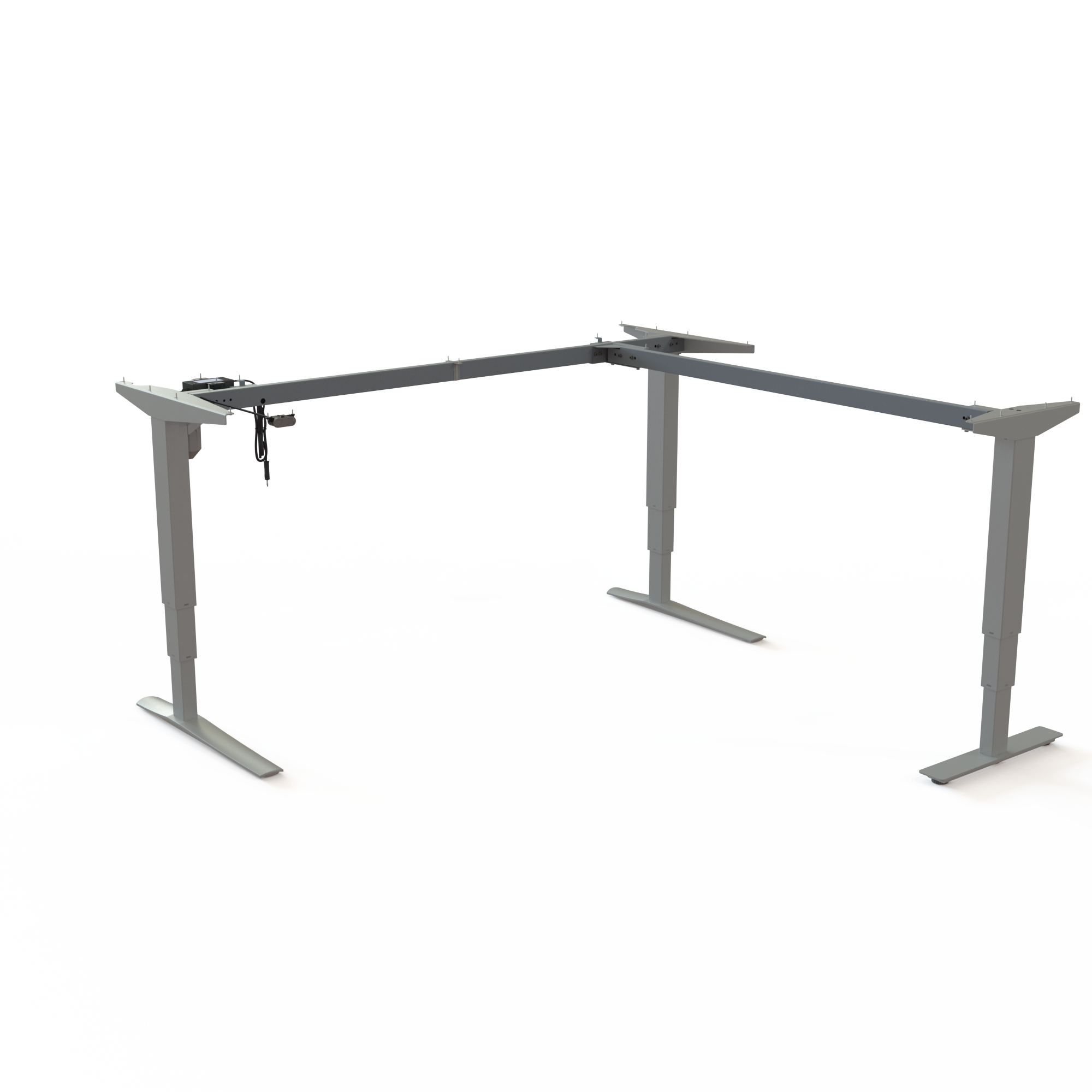 Large Silver Sit-Stand Desk Frame (Corner). Silver lacquered, frame width 172x171cm. Electric adjustment between 62-130cm, with a lifting capacity of 100kg.