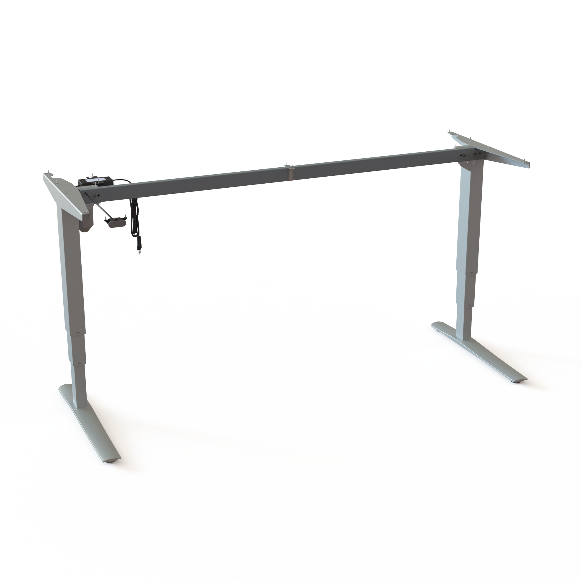 Silver Sit-Stand Desk Underframe. Silver powder-coated frame, size 172cm. Electric adjustment between 62-130cm, and the frame lifts 100kg.