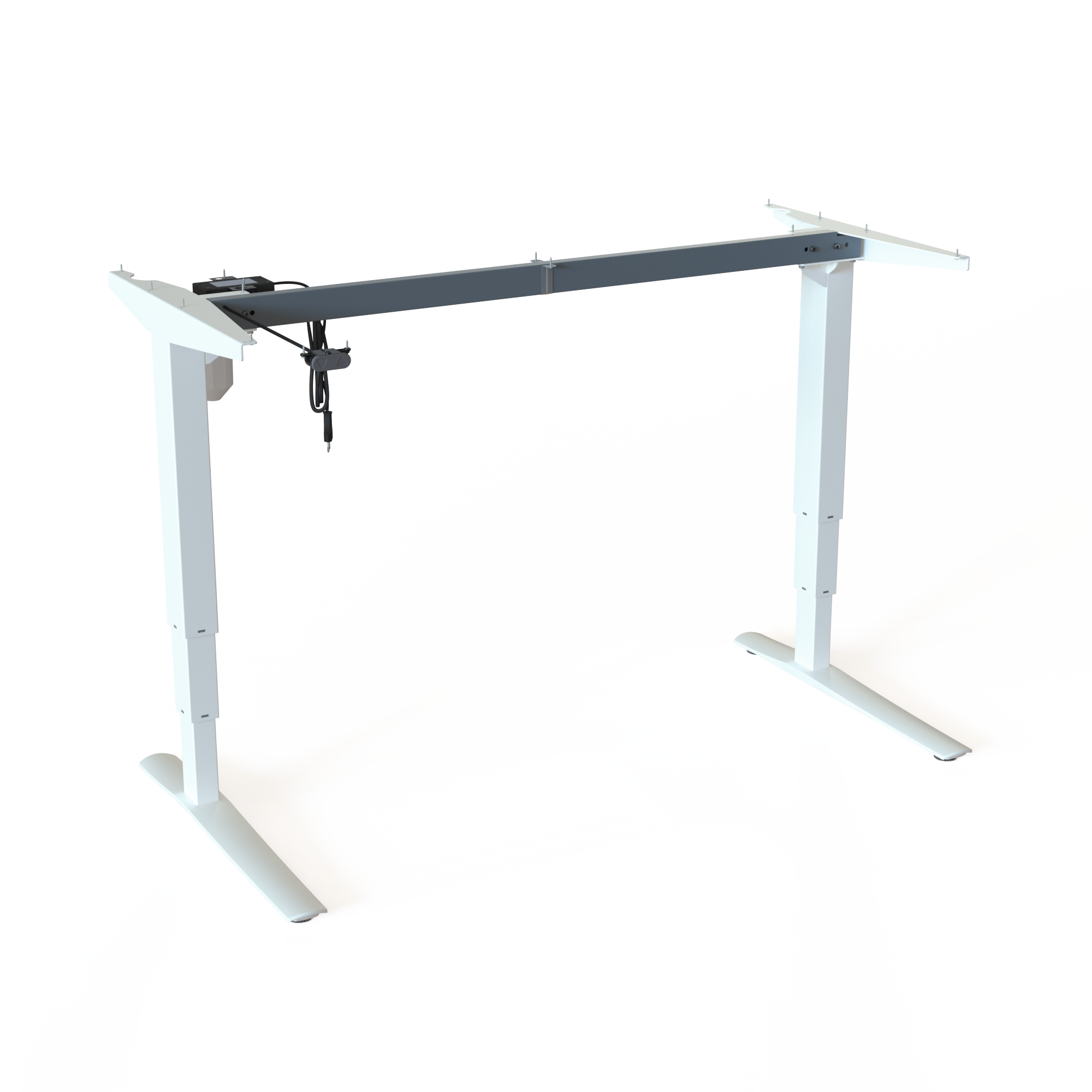 White Height-Adjustable Work Desk Frame. White lacquered, base width 129cm. Electric adjustment between 62-130cm, with a carrying capacity of 100kg.