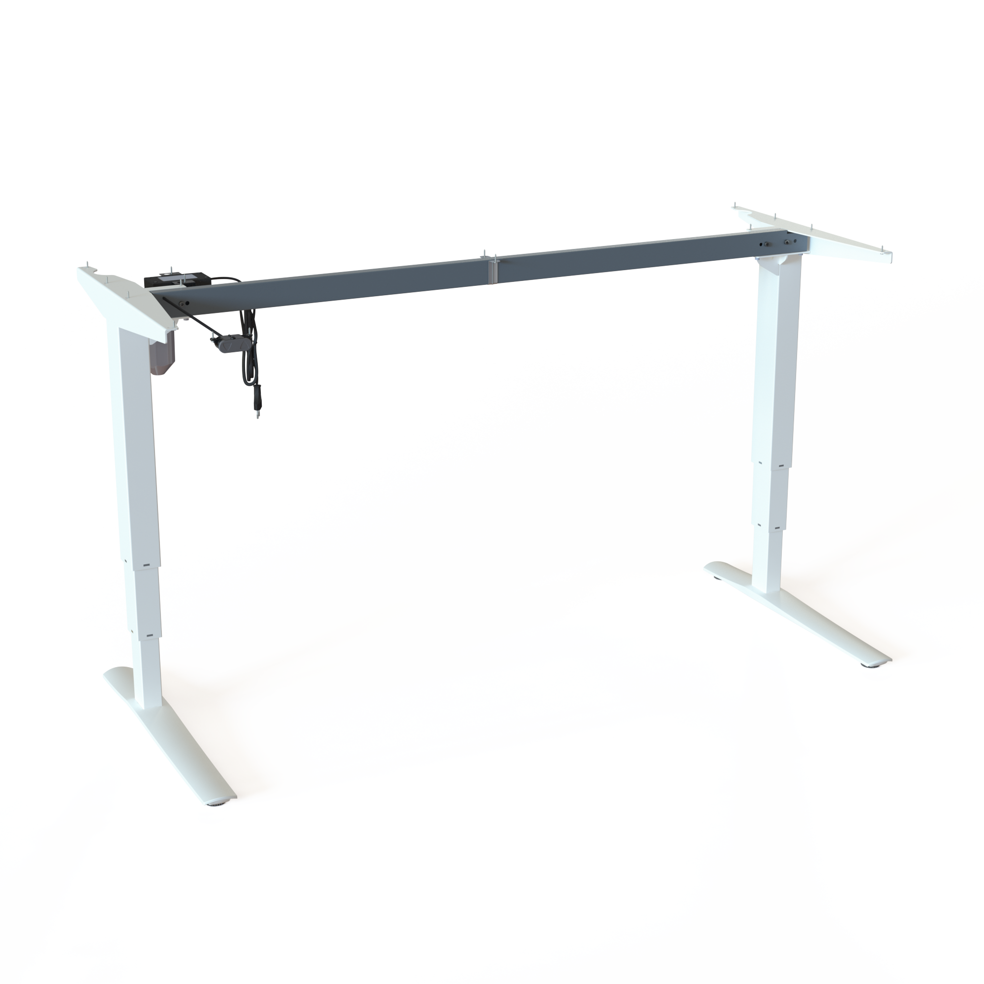 White Sit-Stand Office Desk Base. Painted white, base width 152cm. Height is 62-130cm, and the frame lifts 100kg.