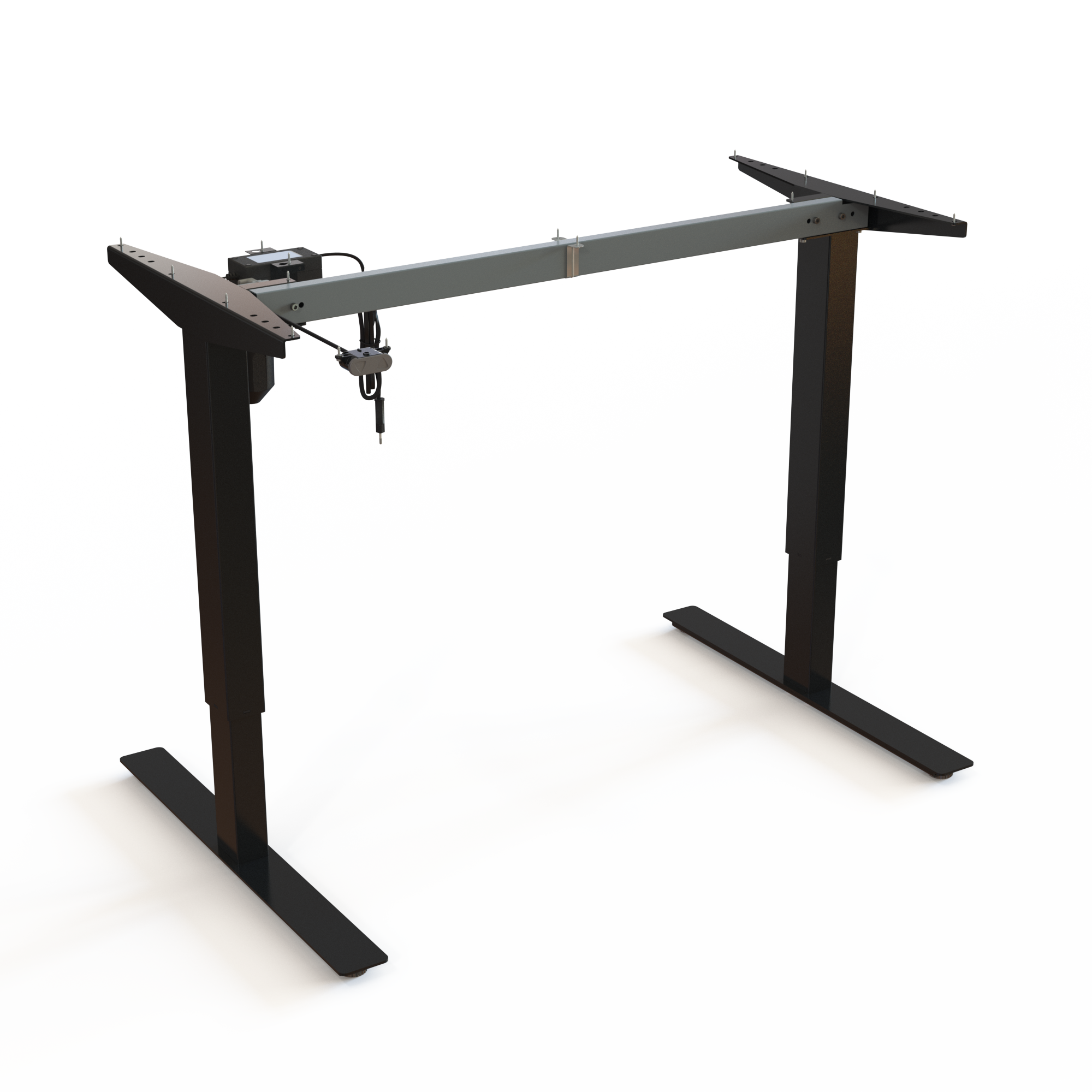 Black Adjustable 2-Leg Desk Base. Black lacquered, base width 112cm. Height is 68-118cm, and the frame lifts 150kg.