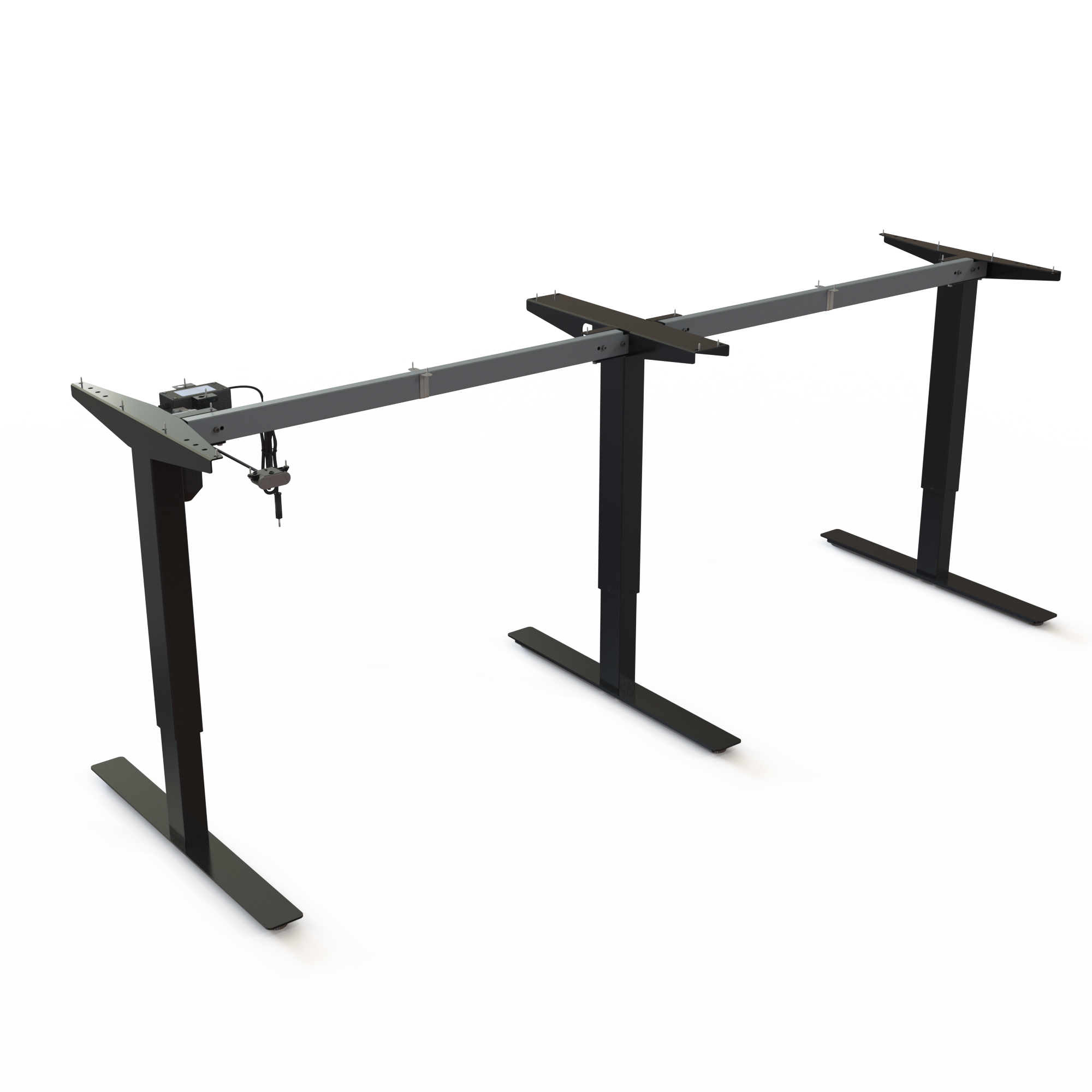 Black T-Leg Base for Large Meeting Tables. Black powder-coated frame. Frame width 222cm. Adjusts in the height span 68-118cm, with a lifting capacity of 150kg.
