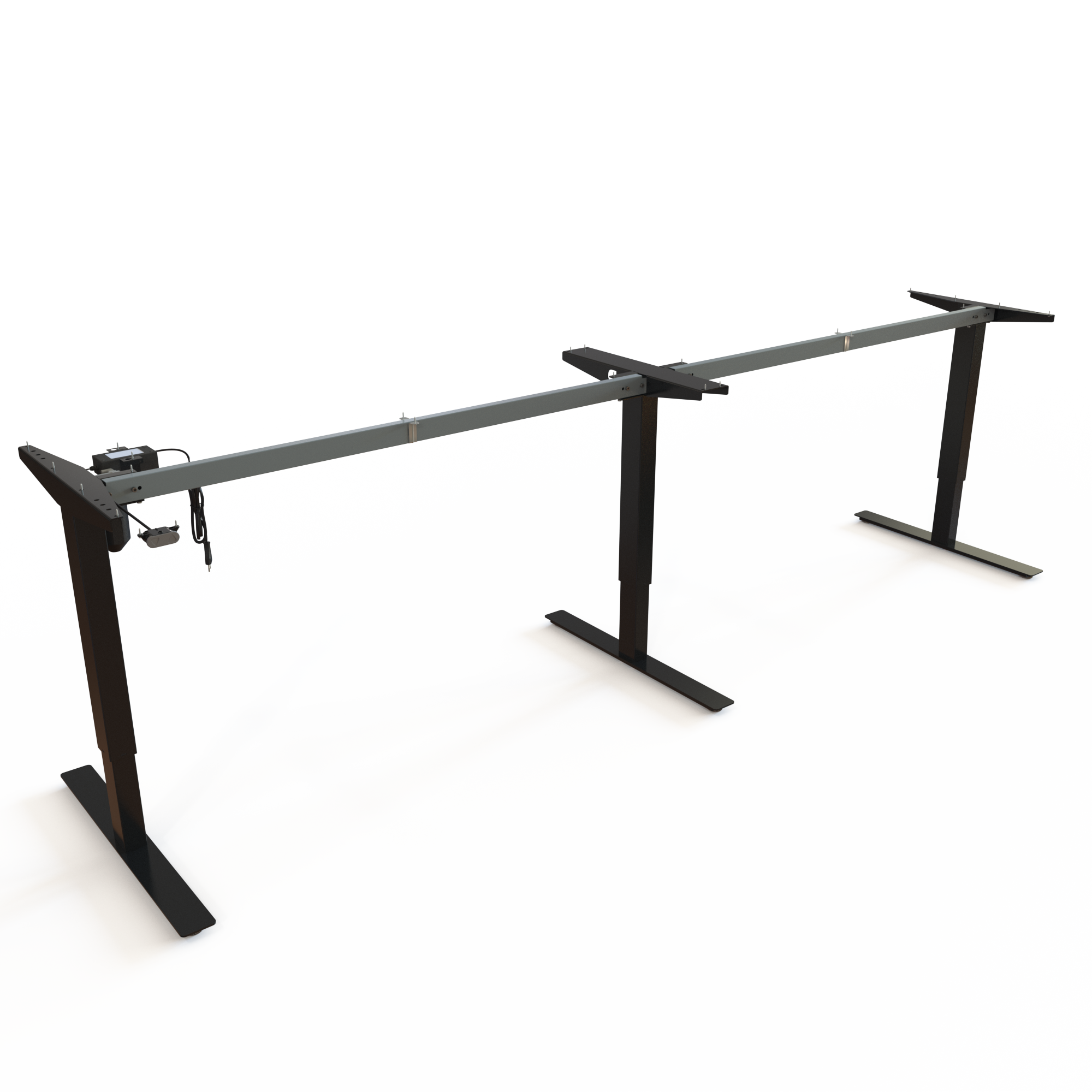 Black T-Leg Base for Large Meeting Tables. Painted black, size 302cm. Electric adjustment between 68-118cm, effortlessly lifting 150kg.