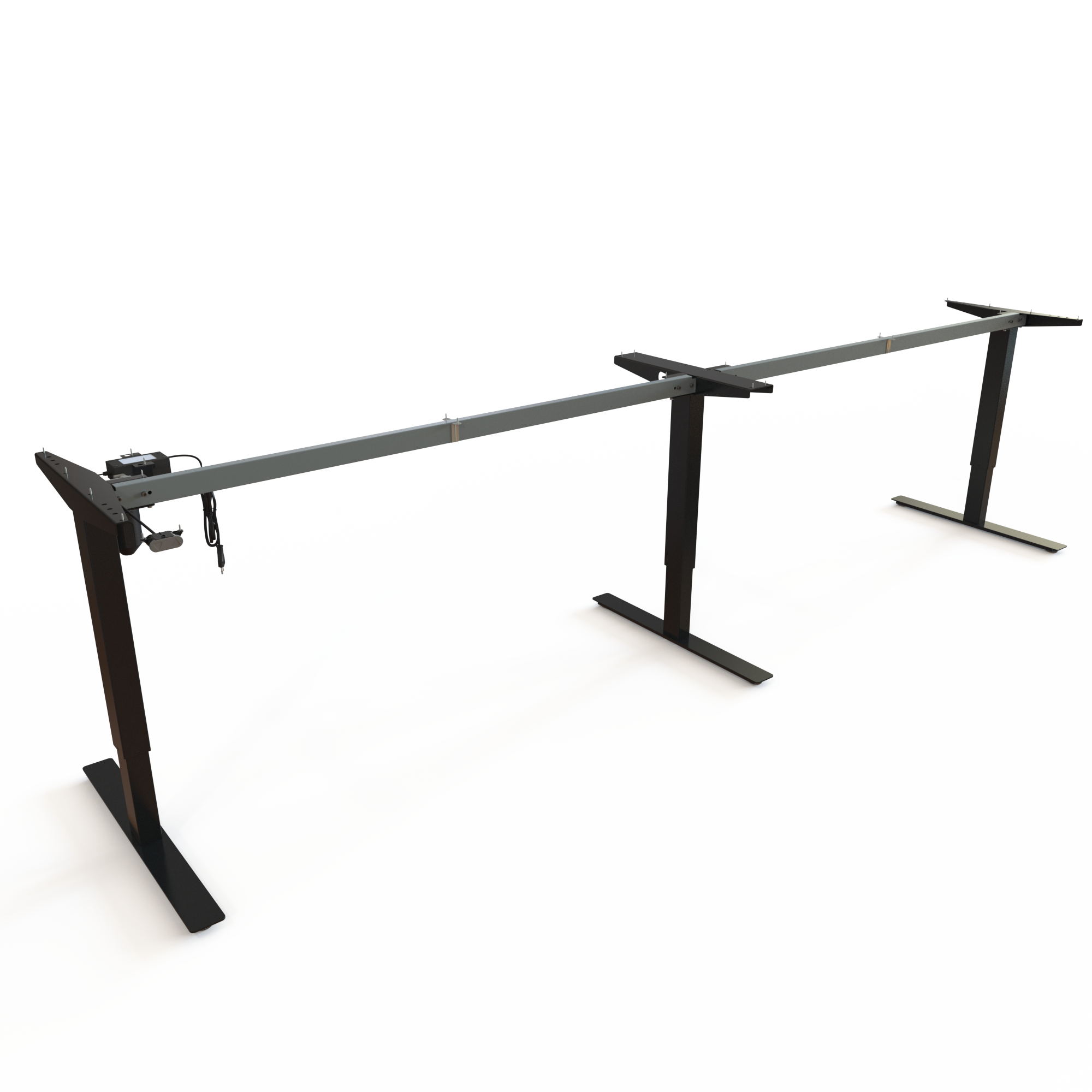 Black 3-Leg In-Line Sit-Stand Base. Black powder-coated frame. Frame width 342cm. Adjusts in the height span 68-118cm, rated for a load of 150kg.