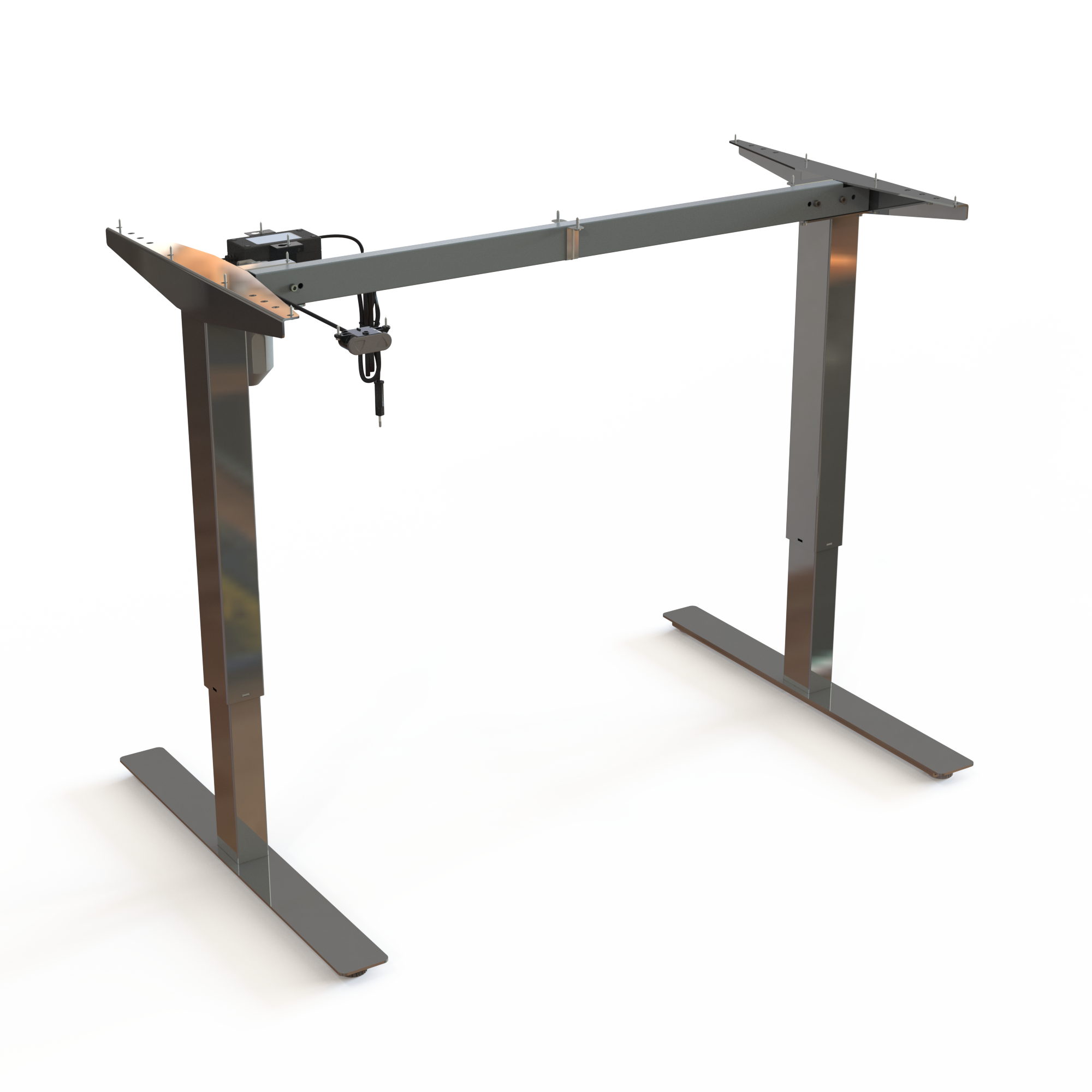 Chrome Height-Adjustable Work Desk Frame. Chrome finish, measuring 112cm in width. Ergonomic height selection 68-118cm, and the motor lifts 150kg.