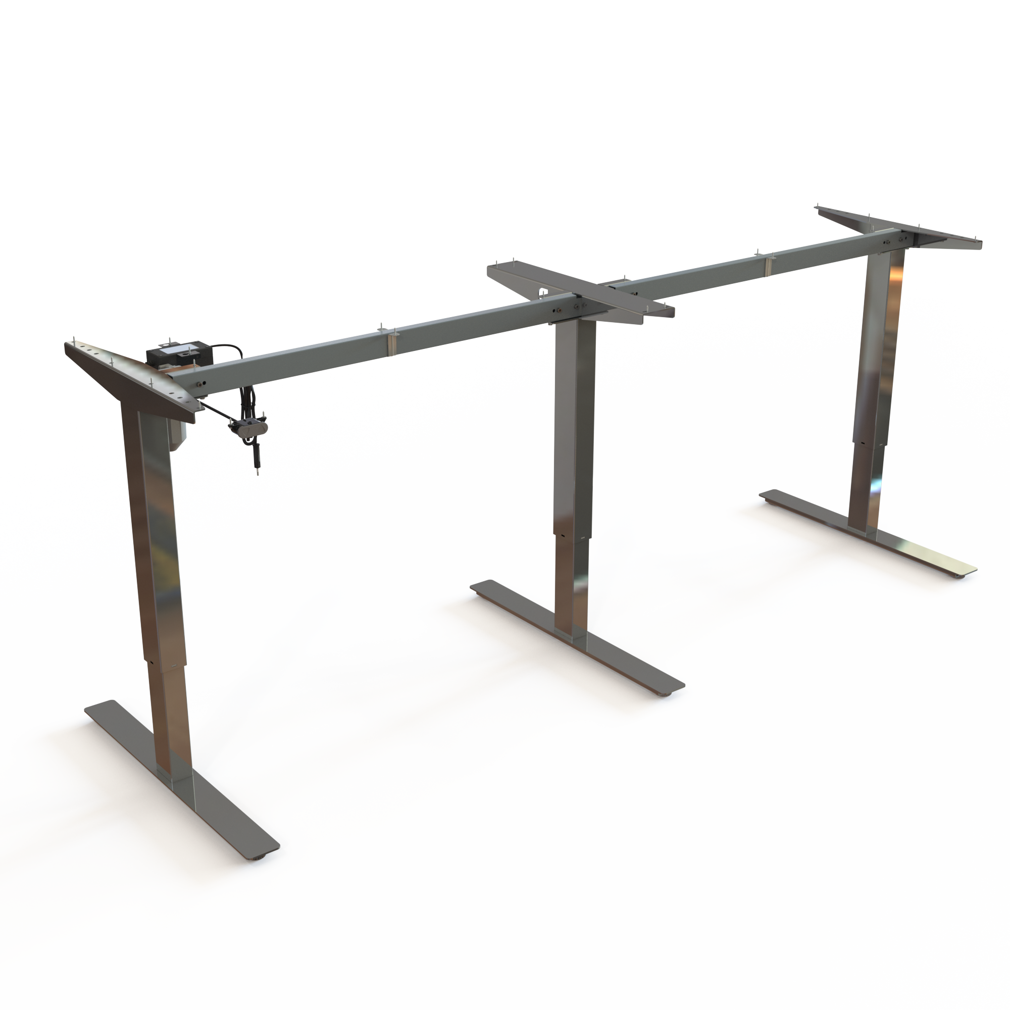 Chrome 3-Leg In-Line Sit-Stand Base. Chrome finish. Frame width 222cm. Height is 68-118cm, with a carrying capacity of 150kg.