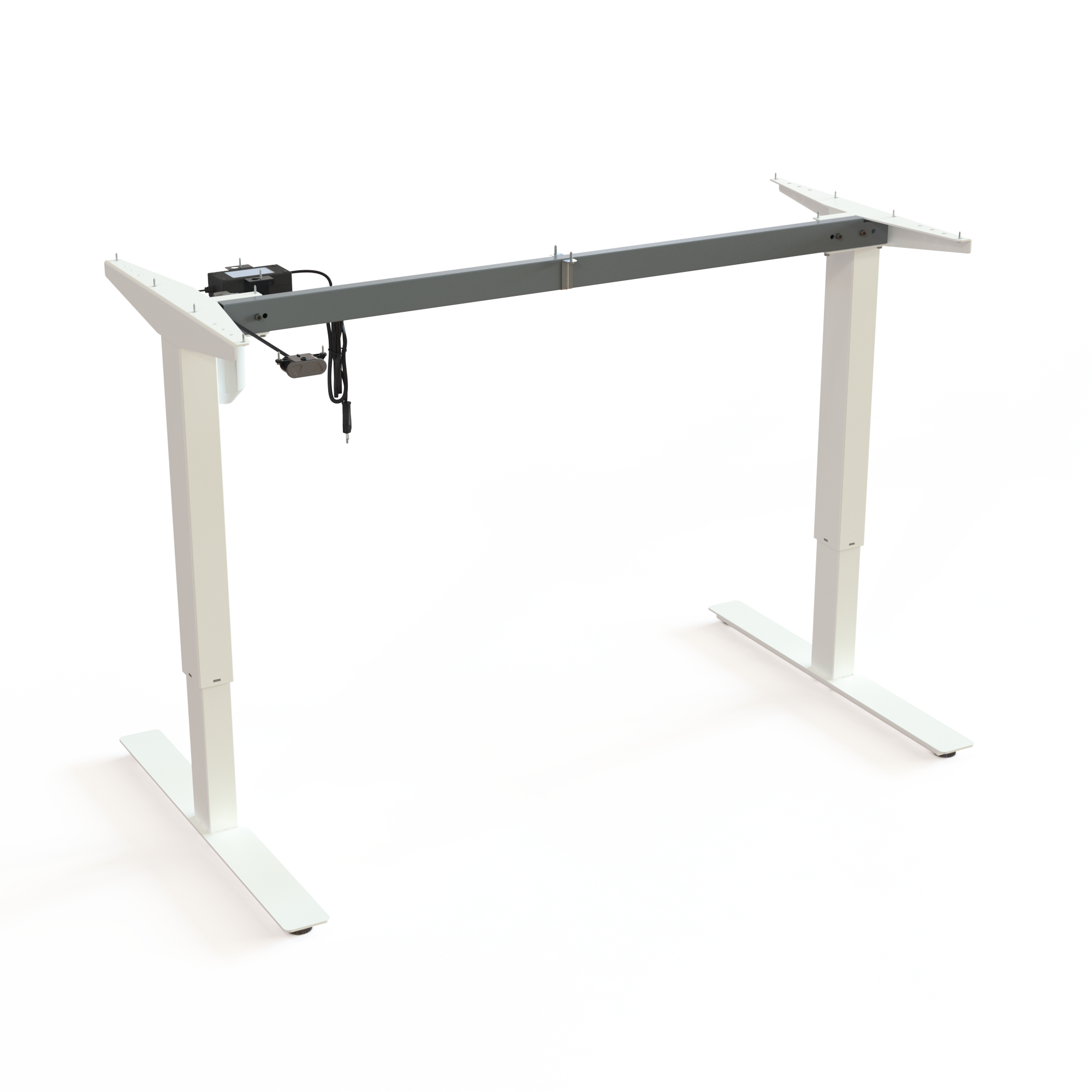 White Steel Height-Adjustable Work Desk Frame. Made from steel, white powder-coated, width 129cm. Ergonomic height choice 68-118cm, dynamic load capacity 150kg.