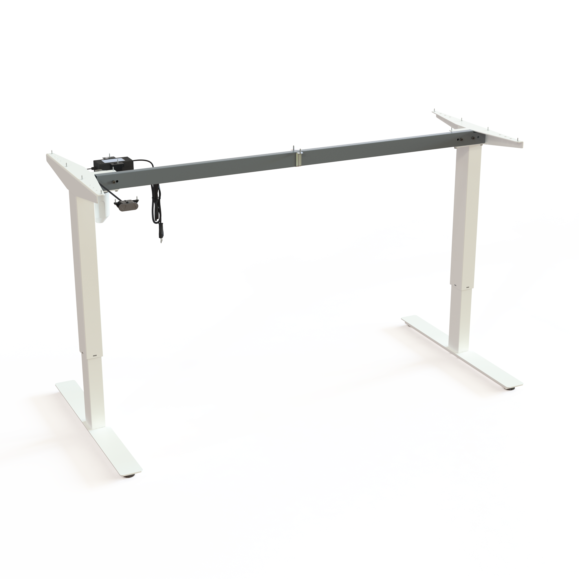 White Sit-Stand Office Desk Base. Painted white, frame width 152cm. Ergonomic height selection 68-118cm, and the motor lifts 150kg.