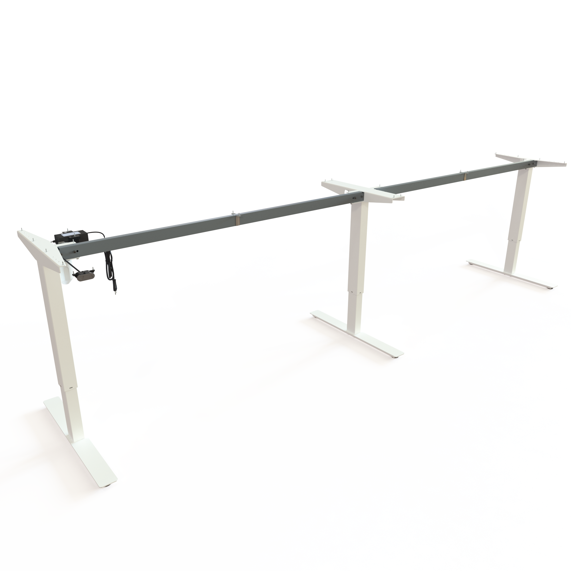 White 3-Leg In-Line Desk Base. White powder-coated frame. Frame width 342cm. Electric adjustment between 68-118cm, effortlessly lifting 150kg.