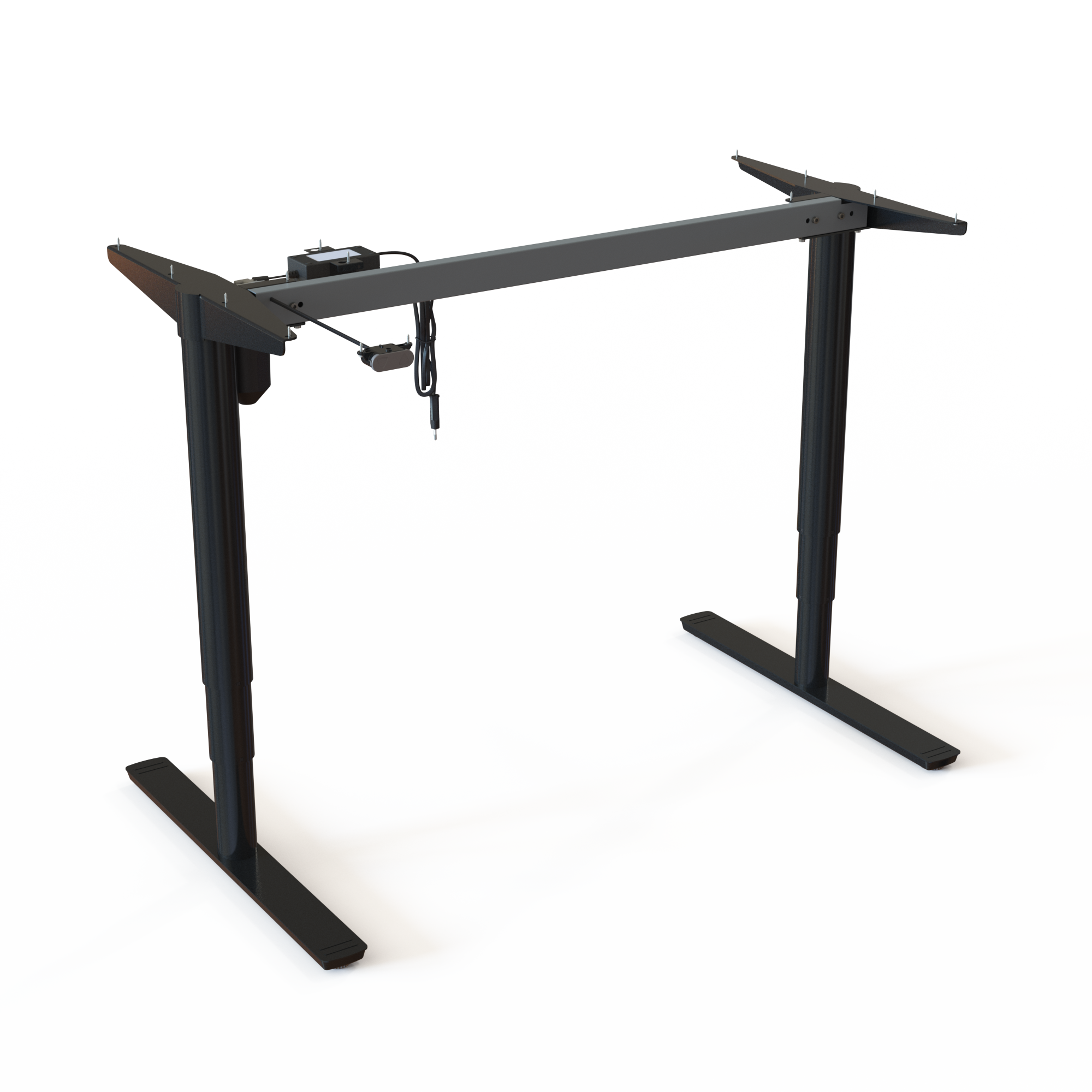 Black Sit-Stand Office Desk Base. Painted black, width 112cm. Stepless desk height adjustment 65-125cm, with a lifting capacity of 100kg.