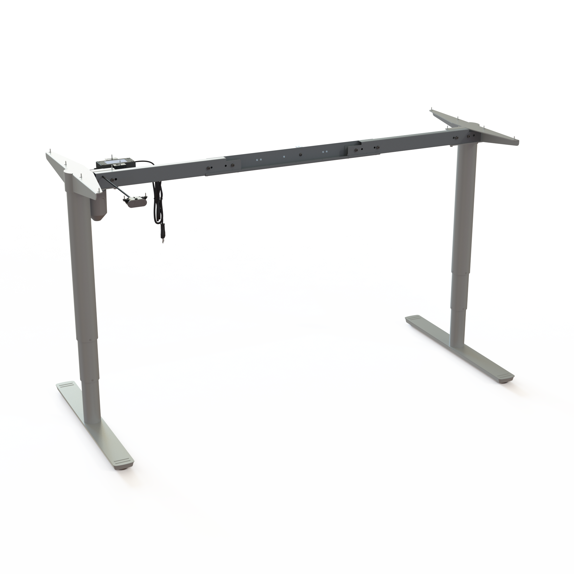 White 2-Column Sit-Stand Frame (Multi-Width). White lacquered. Multiple widths mountable between 112 and 152cm. Stepless desk height adjustment 65-125cm, rated for a load of 100kg.