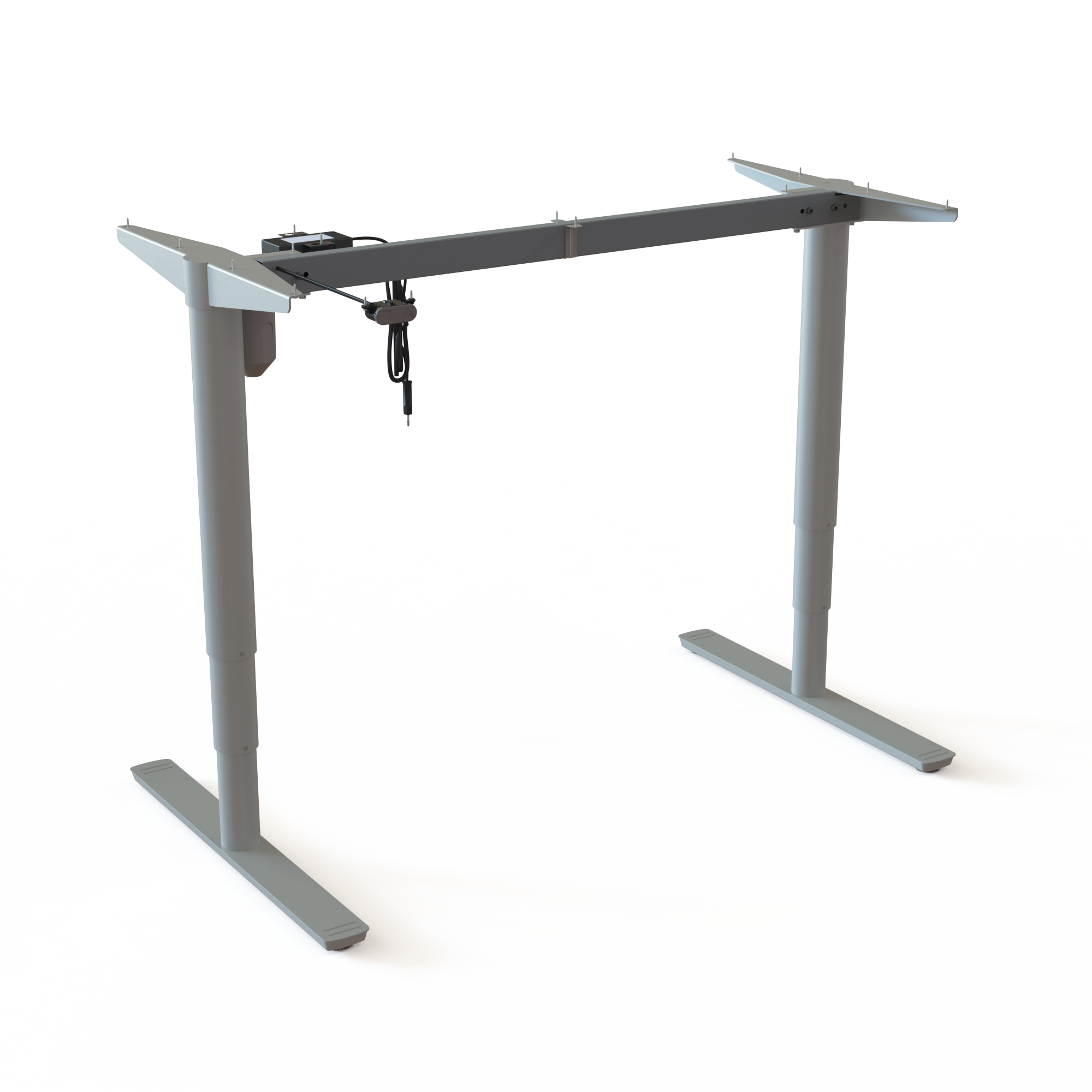 Silver Steel Sit-Stand Office Desk Base. Silver steel, measuring 112cm in width. Operates in the range 65-125cm, effortlessly lifting 100kg.