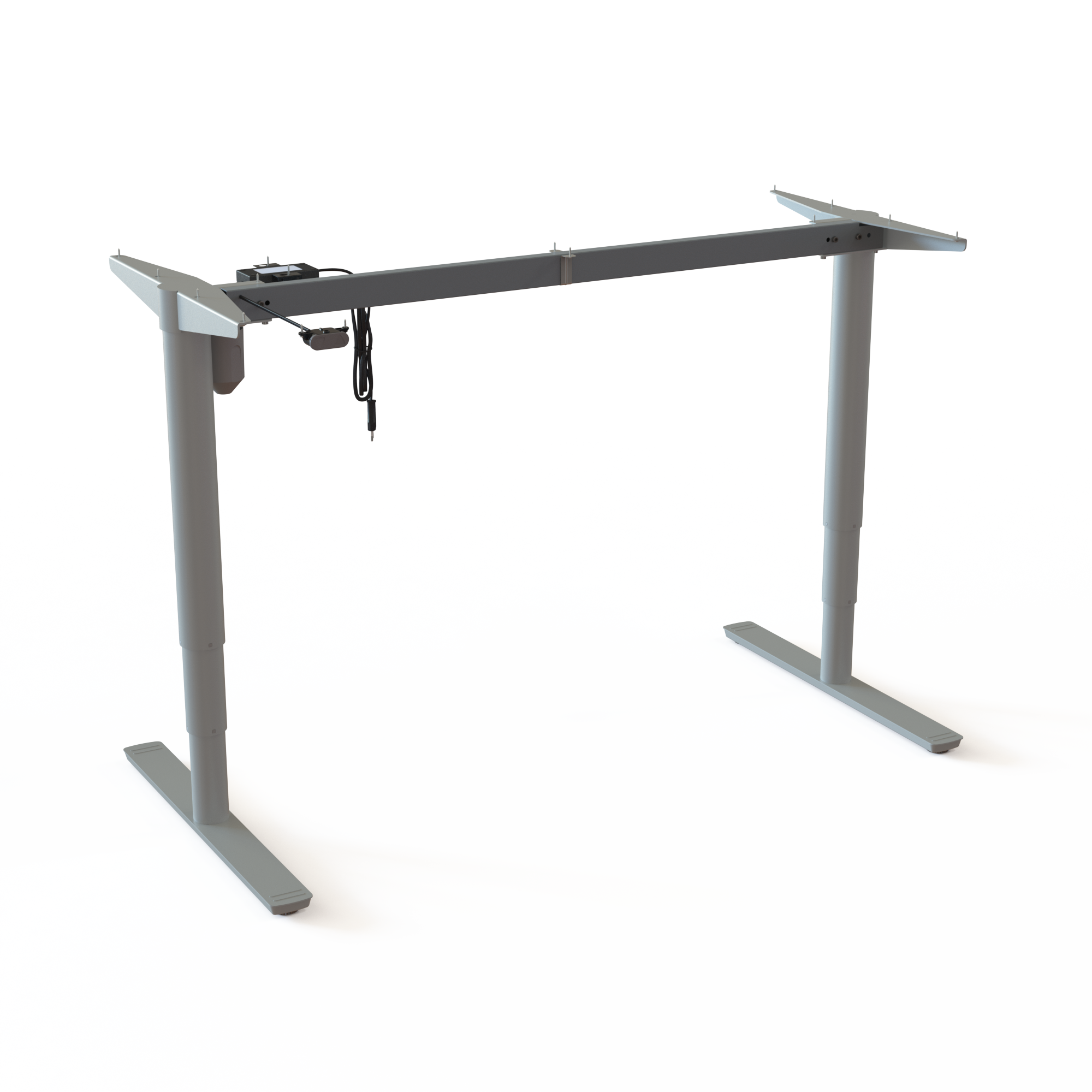Silver Steel Adjustable 2-Leg Base. Made from steel, silver powder-coated, width 129cm. Stepless desk height adjustment 65-125cm, and the motor lifts 100kg.
