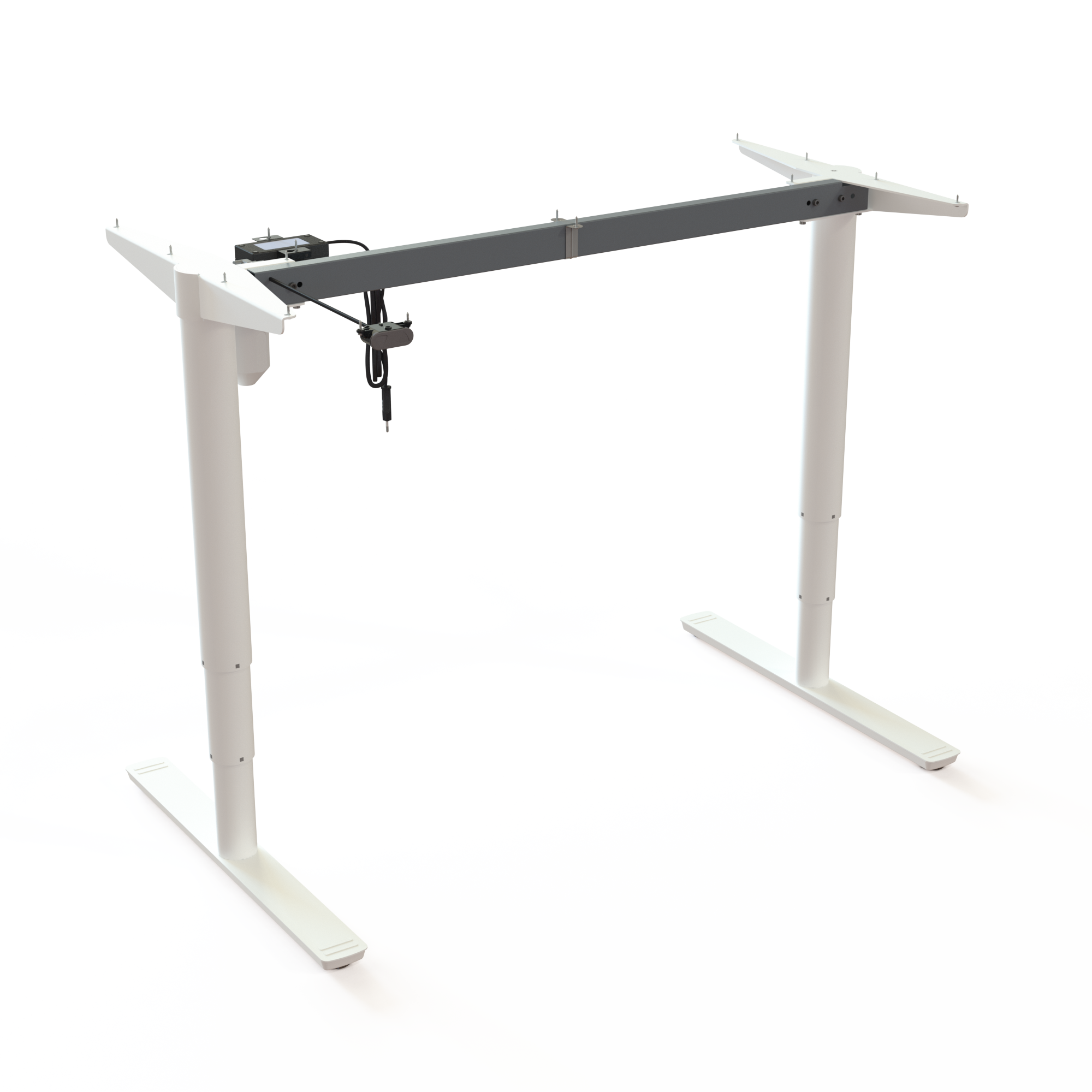 White Electric Desk Base. White lacquered, size 112cm. Adjustable in the interval 65-125cm, rated for a load of 100kg.